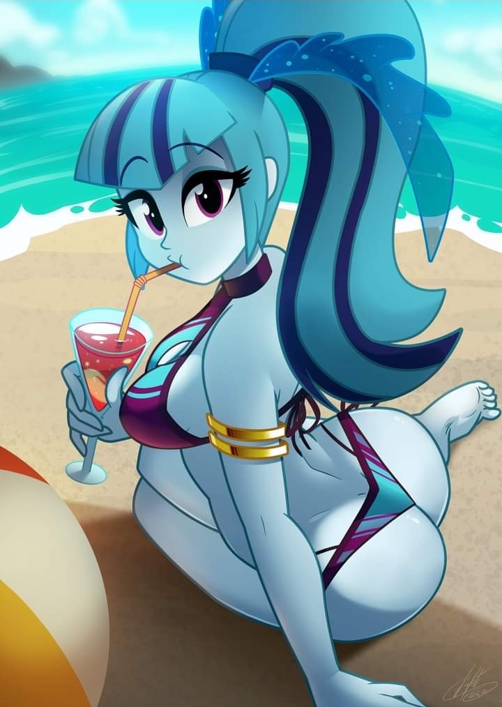 1girls beach beach_ball big_ass bikini blue_hair bracelet drinking equestria_girls female hasbro holding holding_cup holding_object large_ass light262 looking_at_viewer looking_back my_little_pony ponytail purple_bikini purple_eyes sand solo sonata_dusk swimsuit twitter_link two-piece_swimsuit two_tone_hair water