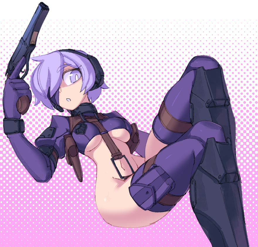 almost_naked almost_nude armor_boots armwear belt belt_buckle cragscleft full_body fully_clothed gun gun_holster gun_holsters headset large_ass light_purple_hair looking_at_viewer looking_surprised metal_collar neckwear one_eye_covered one_eye_obstructed petite petite_body petite_breasts petite_female pink_background pistol pose purple_clothing purple_eyes purple_hair slutty_outfit small_breasts the_citadel the_martyr trigger_discipline underboob