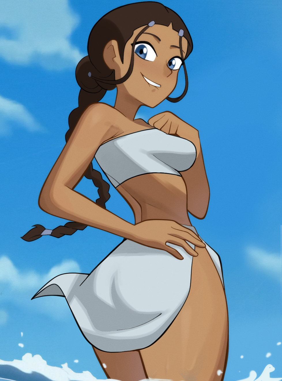 avatar_legends avatar_the_last_airbender blue_eyes blue_sky braid breasts brown_hair clothes_lift cloud commentary cumulonimbus_cloud dark-skinned_female dark_skin english_commentary female female_focus female_only from_behind highres katara long_hair looking_at_viewer medium_breasts newguy1091 nickelodeon nicktoons official_alternate_costume outdoors shiny_skin sky smile solo solo_female solo_focus standing strapless strapless_bikini swimsuit swimsuit_skirt water