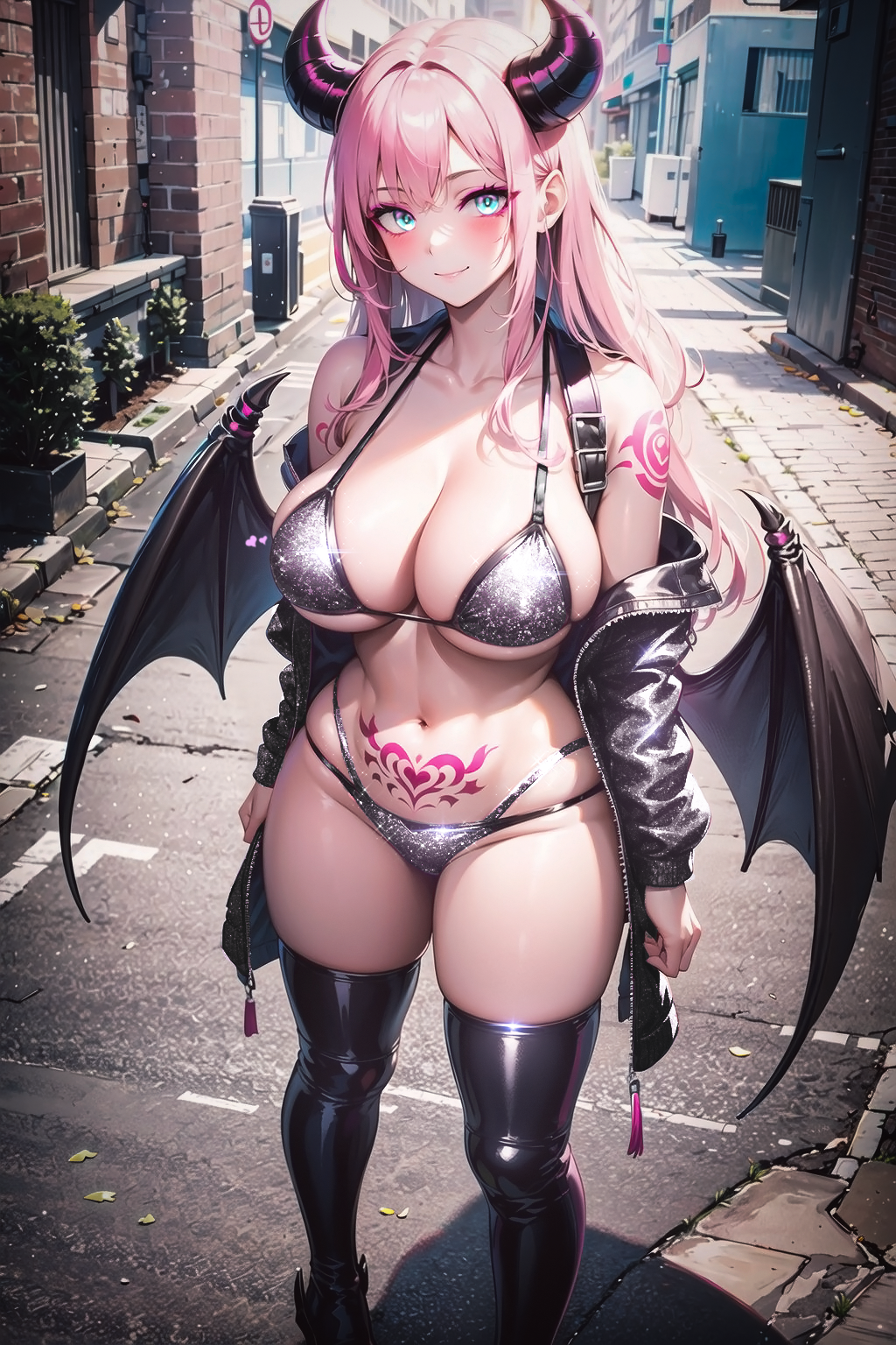 1girls ai_generated ai_hands anime_nose arm_tattoo bangs big_breasts bikini blue_eyes blush cleavage clothed_female curvy cyan_eyes demon demon_girl edit female female_only glitter glitter_bikini hair_between_eyes hi_res horned_female horned_humanoid horns hourglass_figure jacket jacket_partially_removed large_breasts latex latex_thighhighs leather_boots leather_jacket leather_straps long_hair looking_at_viewer original pink_hair pubic_tattoo seductive seductive_look sidelocks silver_bikini smile solo stable_diffusion street street_view succubus succubus_costume succubus_horns succubus_wings swimsuit tattoo thick thick_thighs thighhigh_boots voluptuous voluptuous_female wings