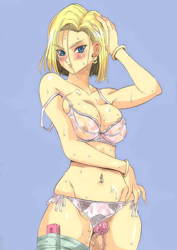 android_18 blonde_hair blue_eyes blush bra bracelet breasts bursting_breasts dildo dragon_ball dragon_ball_z earrings female female_masturbation fingernails jewelry lingerie masturbating masturbation nails navel_piercing nipples panties piercing pussy_juice see-through solo sweat taku-sy tear underwear vibrator