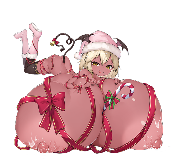 areolae bat_wings blonde_hair blush boots bouquet candy_cane collar dark-skinned_female demon_girl demon_tail gigantic_areola gigantic_breasts hair_ornament jingle_bell lactation lady_luluna midnight_girls_r nipples official_art ribbon socks thighhighs transparent_background yellow_eyes