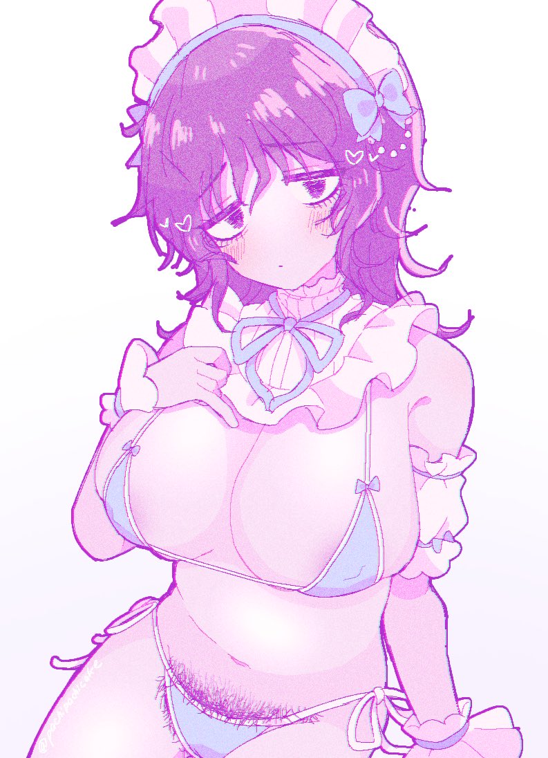 alternate costume, anya (mouthwashing), big breasts, bikini, black hair, blush, breasts, bush, bushy pubes, cleavage, detached collar, female, fur, half-closed eyes, long hair, looking at viewer, maid, maid headdress, micro bikini, mouthwashing, pachipachicake, pubic hair, pubic hair peek, solo