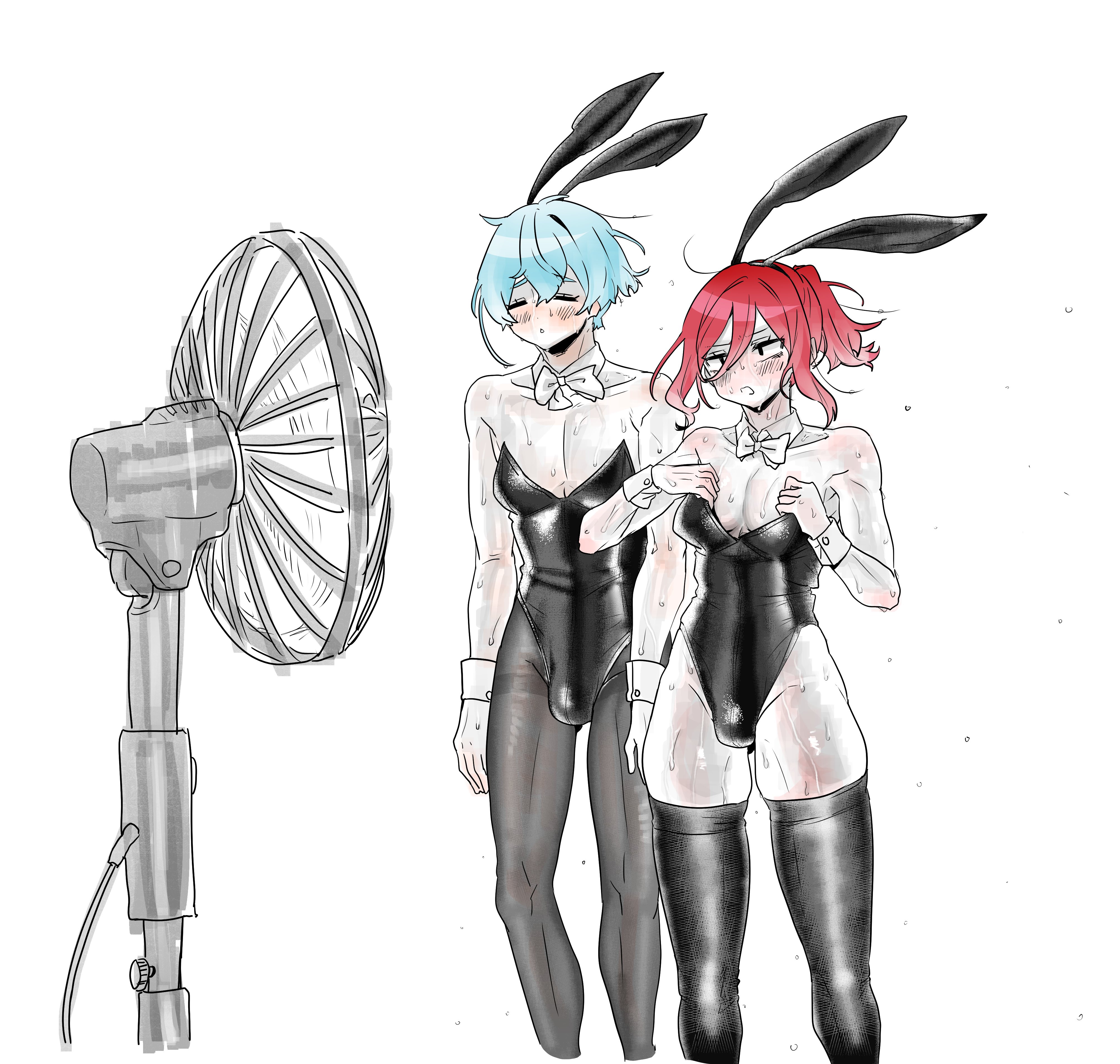 2boys, blue hair, blue lock, bunny costume, bunny ears, bunnysuit, electric fan, fake animal ears, fake rabbit ears, fan, femboy, femboy only, hiori yo, hyoma chigiri, leotard, male, male only, male playboy bunny, maru0 bb, multiple boys, multiple males, playboy bunny, red hair, strapless leotard, sweat, sweating, sweaty, sweaty body, tagme