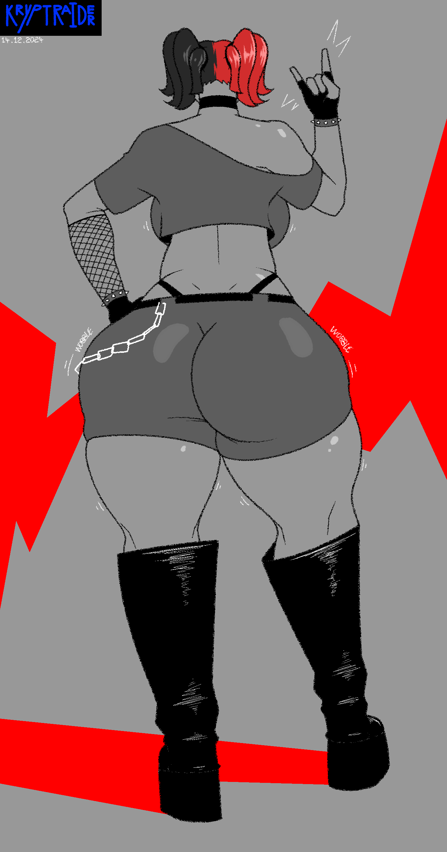 ass backboob boots choker clothed dat_ass ellie_walls_(odysseyellie) fishnet_armwear goth huge_ass kryptraider multicolored_hair original_character spiked_bracelet tagme tall tall_female thick_thighs thong thong_peek twintails two_tone_hair