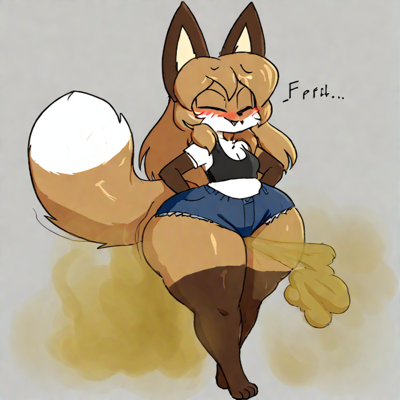 ai_generated averi_(fiddleafox) big_thighs black_bra blue_pants brown_fur brown_hair canid canine closed_eyes eyebrows fart fart_cloud fart_fetish farting fox foxgirl furry gray_background hands_on_hips solo vulpine