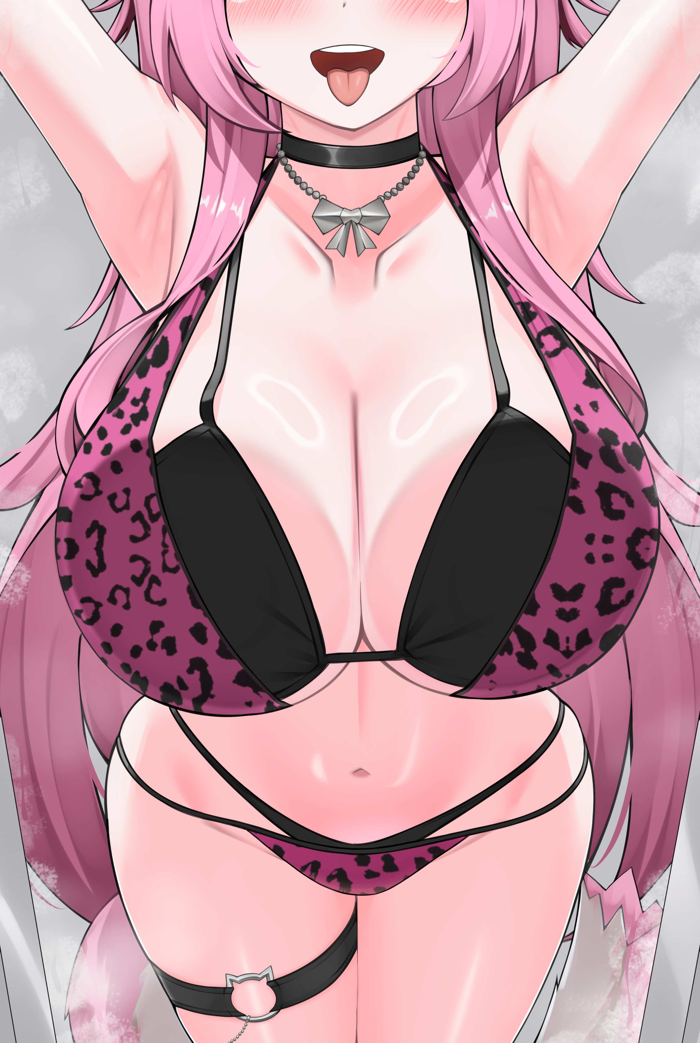 absurdres, animal print, armpits, bikini, breasts, cat tail, choker, cleavage, collarbone, eyes out of frame, female, head out of frame, highres, hololive, hololive english, hololive english -justice-, large breasts, leopard print, long hair, midriff, navel, nobarts, panther print, pink bikini, pink hair, raora panthera, raora panthera (holonatsu paradise), ring light reflection, solo, steam, steaming body, tail, thigh strap, tongue, tongue out, virtual youtuber