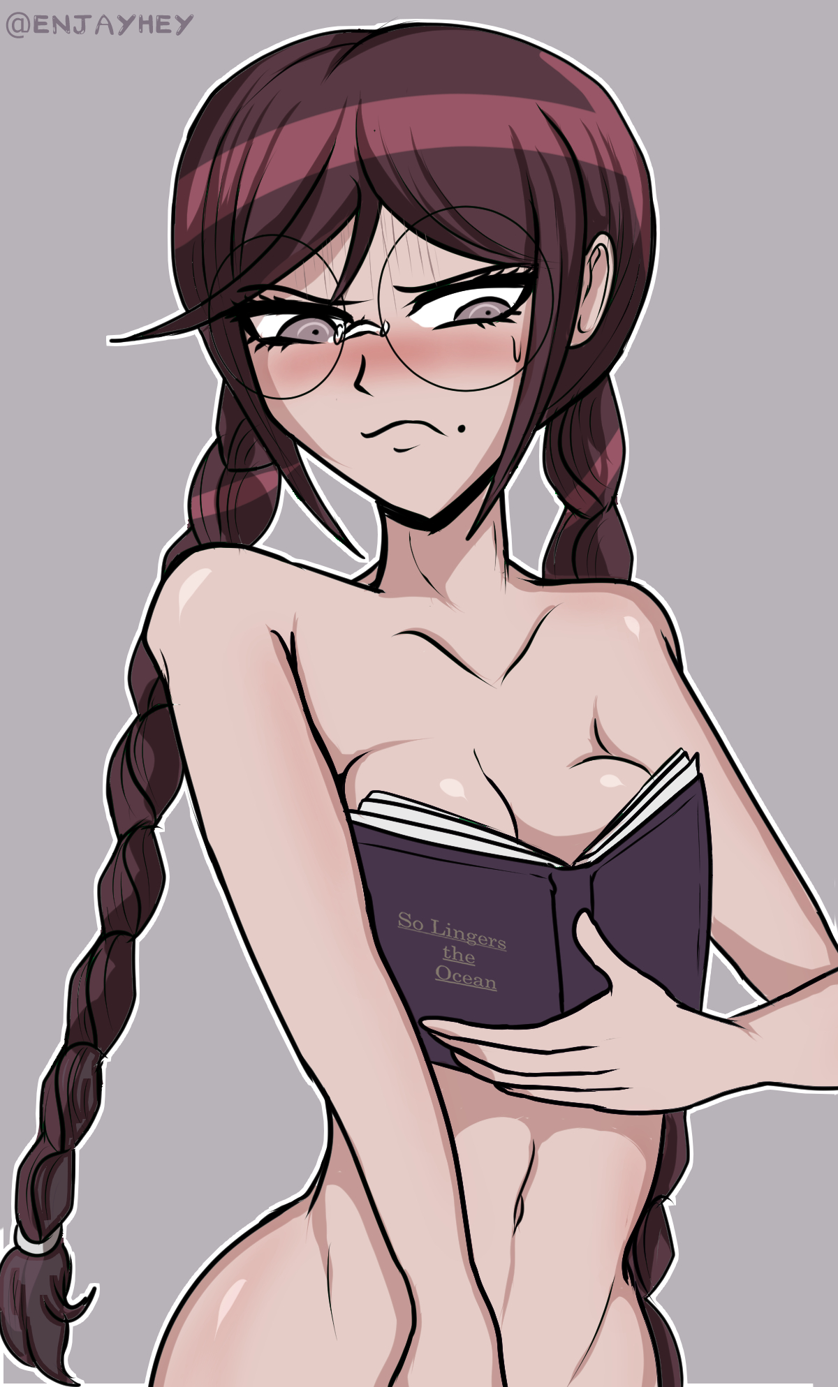 1girls, blush, book, book covering breasts, breasts, censored breasts, completely nude, danganronpa, danganronpa: trigger happy havoc, dark hair, enjayhey, female, fukawa toko, fukawa touko, glasses, hips, jimiko, jpeg, lavender eyes, light skin, light-skinned female, meme, meme reference, midriff, mole, mole under mouth, nude, nude female, ouch meme, purple eyes, purple hair, solo, solo female, twin braids