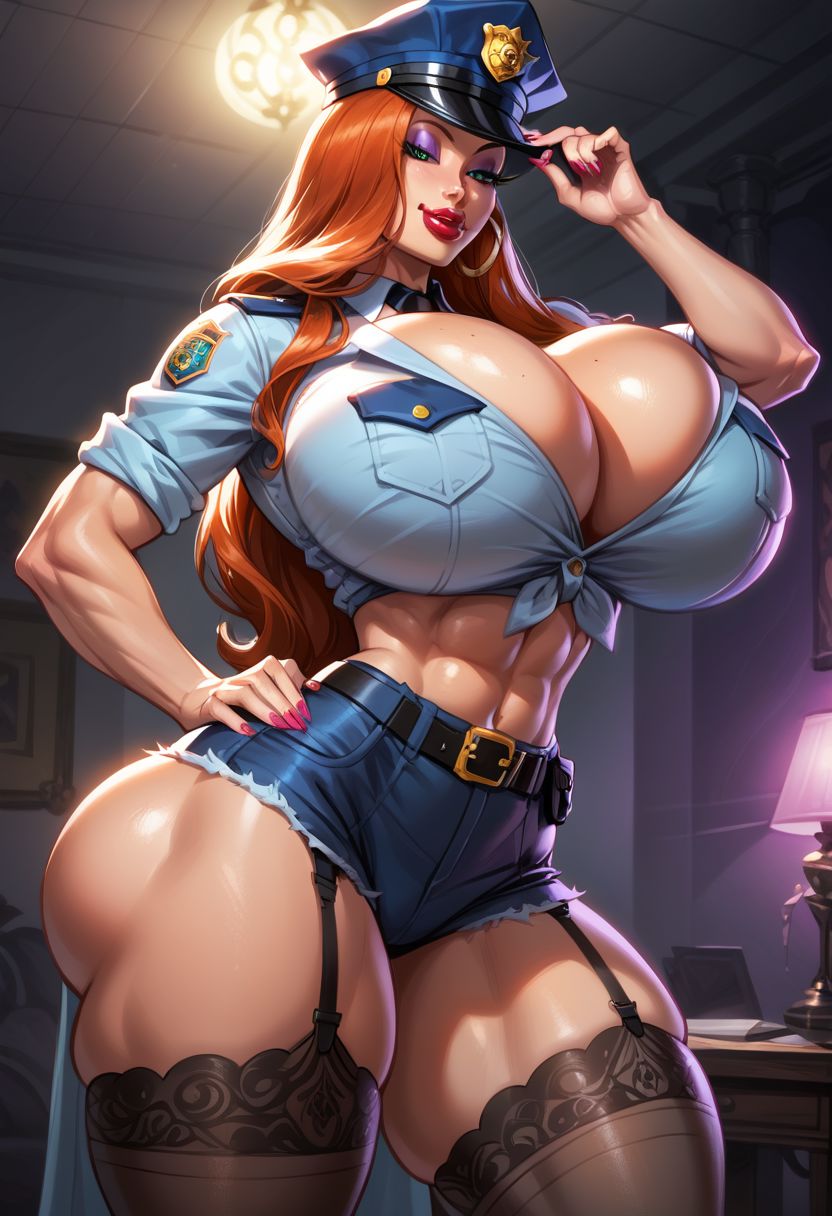 1girls abs ai_generated ass athletic_female big_ass female female_only ginger ginger_hair green_eyes jaketsnake971 jessica_rabbit large_ass large_breasts light-skinned_female lipstick long_hair makeup muscular_female police_uniform policewoman red_hair shiny_skin shorts thick_ass thick_thighs who_framed_roger_rabbit wide_hips