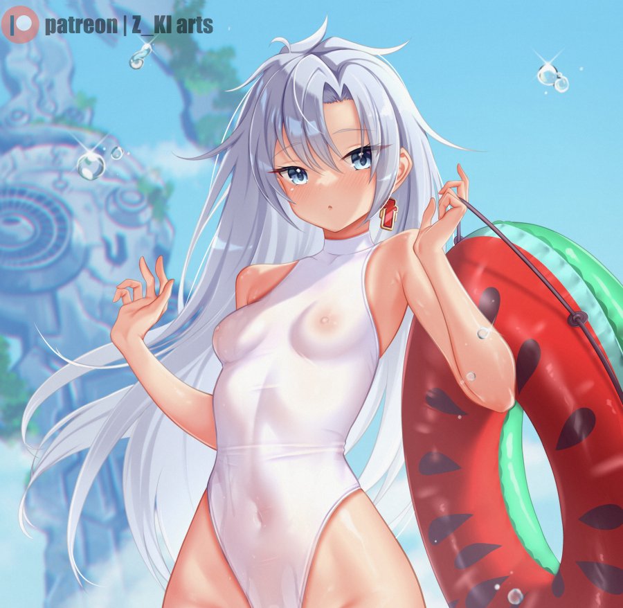 a_(xenoblade) bare_shoulders beach blue_eyes breasts core_crystal curvy detailed_background ear_piercing ear_ring earrings female female female_only highres hourglass_figure latex long_hair midriff monolith_soft navel nintendo nipples one-piece_swimsuit pool_float see-through silver_hair slim_waist small_breasts swimsuit very_long_hair water wet white_swimsuit xenoblade_(series) xenoblade_chronicles_3 xenoblade_chronicles_3:_future_redeemed z-ki