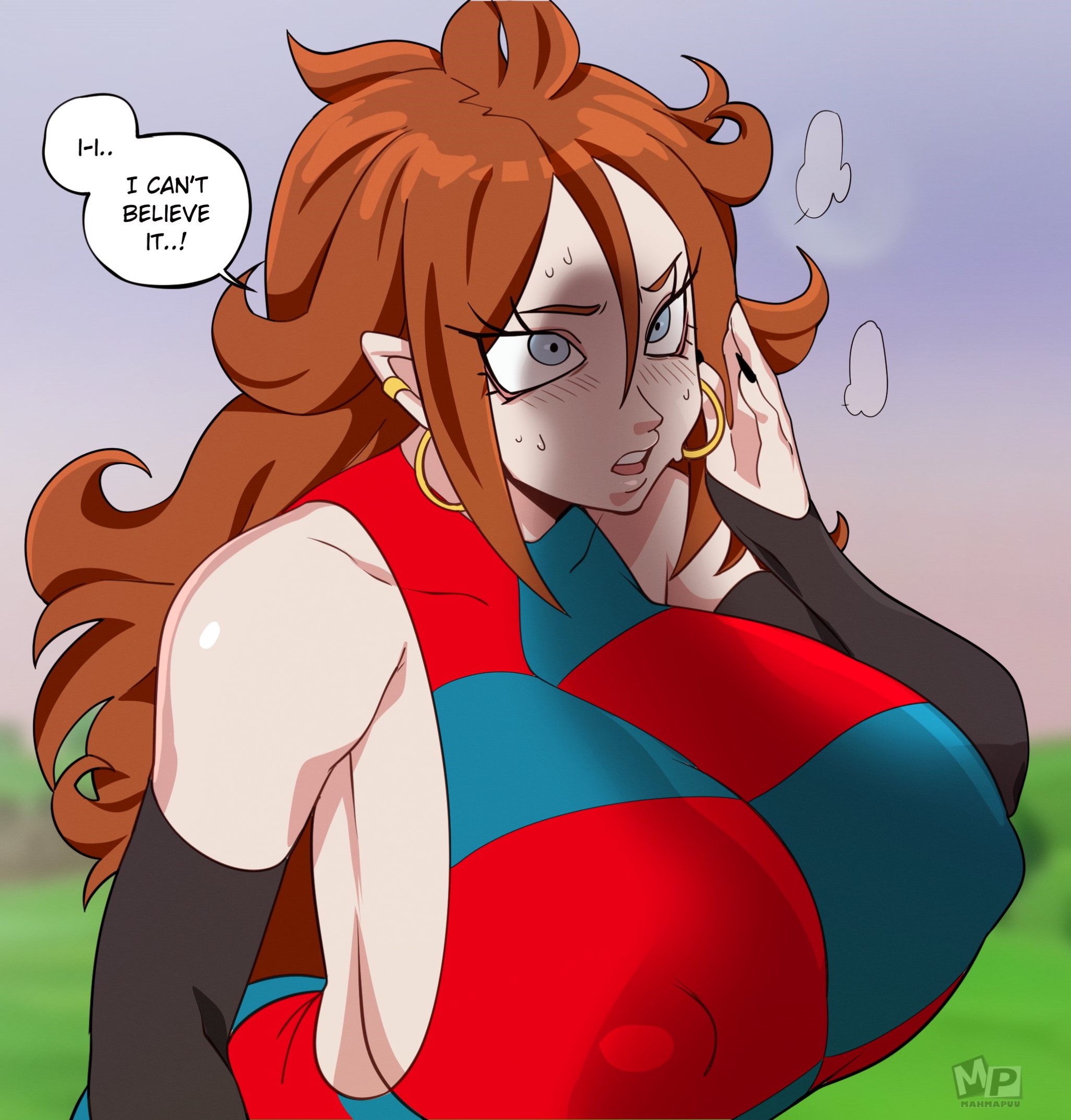 1girls, alternate breast size, android 21, android 21 (human), big breasts, black nail polish, black nails, blue eyes, blush, breasts, checkered shirt, clothing, colored nails, dragon ball, dragon ball fighterz, dragon ball super, dragon ball xenoverse, earrings, erect nipples, erect nipples under clothes, eyelashes, female, gigantic breasts, gigantic penis, hoop earrings, huge breasts, huge cock, krillin, kuririn, large breasts, mahmapuu, male, milf, multicolored nails, nipples, offscreen character, penis, penis awe, penis shadow, sleeveless, sleeveless shirt, sweat, sweatdrop, vomi (dragon ball)