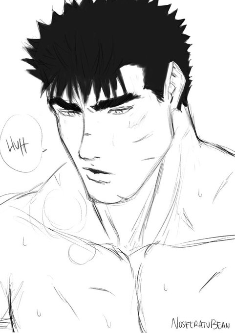 1boy akistrike athletic berserk big_pecs completely_nude_male face_closeup gay guts_(berserk) male male_focus muscular muscular_male no_visible_genitalia nude_male pecs short_hair sweat