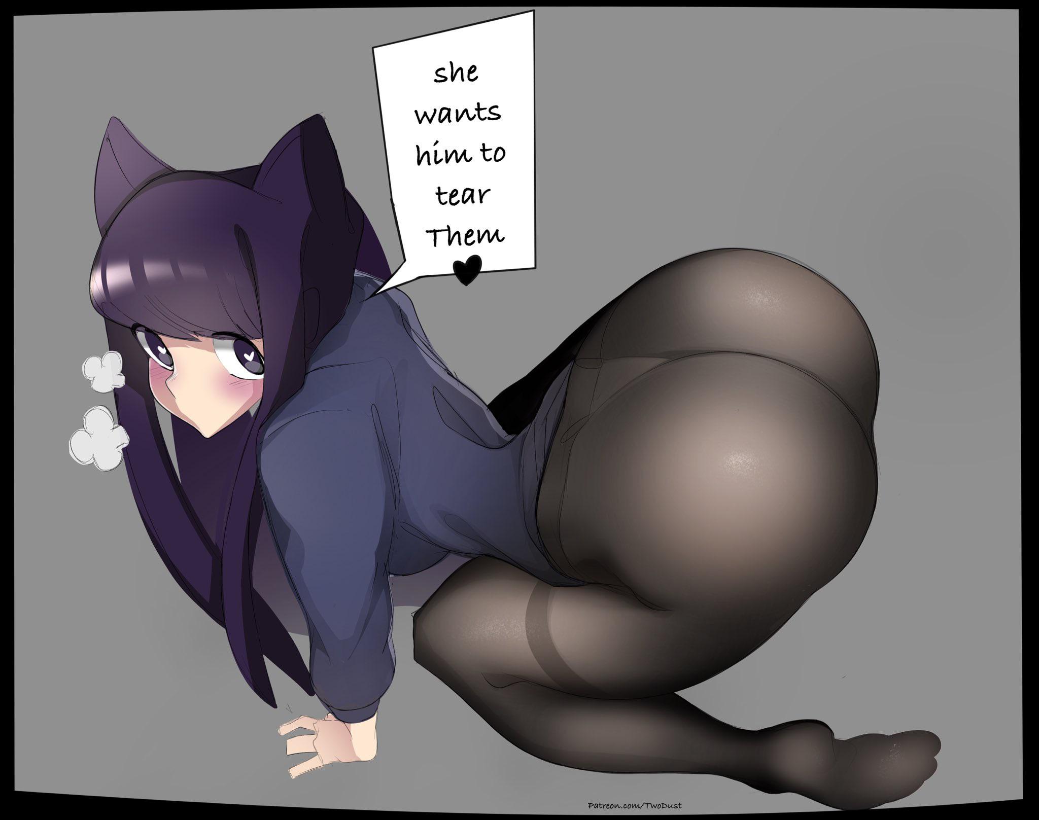 1girls, ass, blush, blush lines, blushing, cat ears, clothed, clothed female, clothes, clothing, english text, female, heart, heart-shaped pupils, komi shouko, komi-san wa komyushou desu, no mouth, text, text box, twodust, wanting more