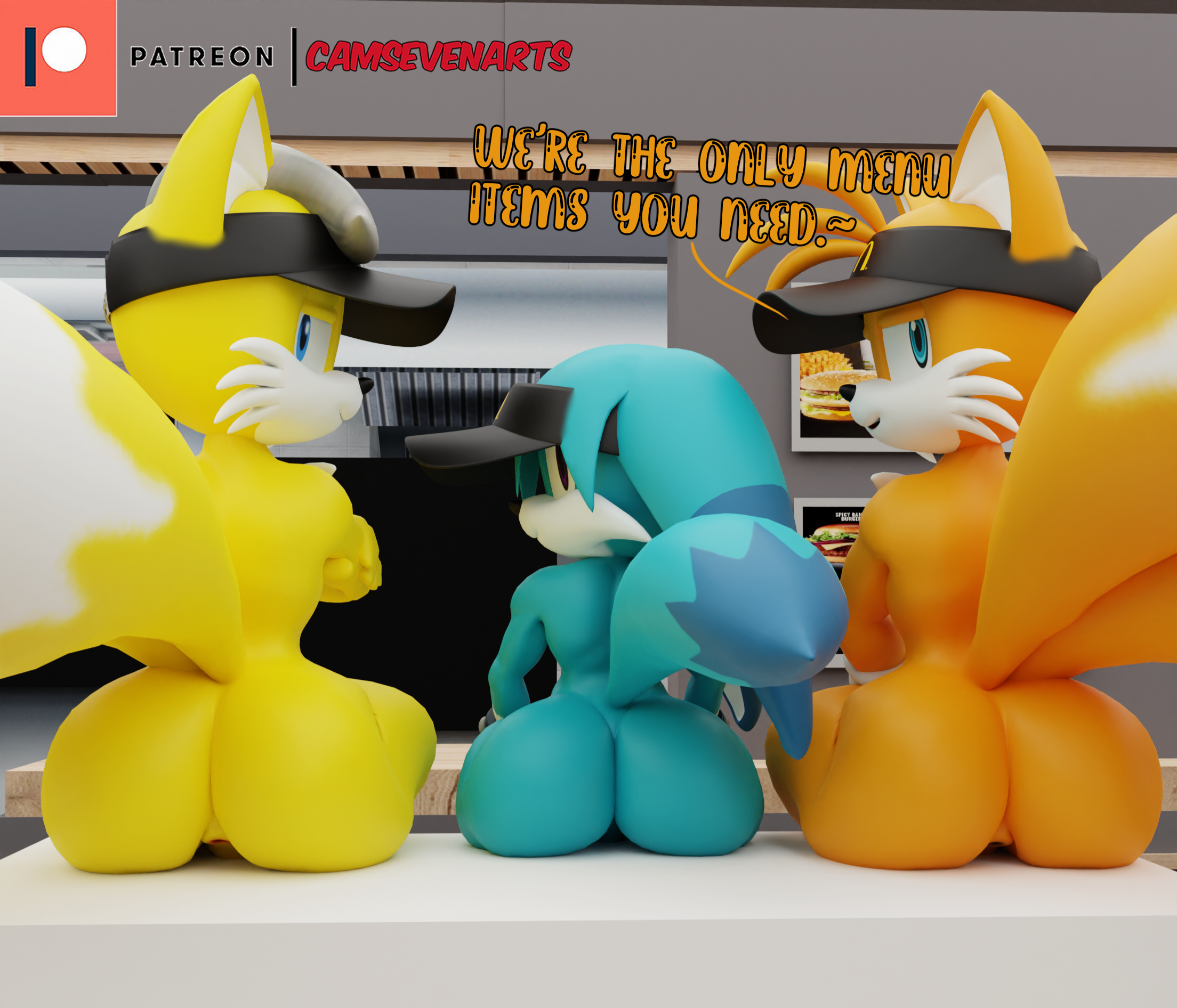3boys, 3d, 3d (artwork), anthro, anti tails, ass, big ass, big butt, blue eyes, bubble ass, bubble butt, camseven, canine, completely nude, femboy, fox, gay, inminent sex, kitsunami the fennec, looking at viewer, male, mcdonald's, miles prower, miles prower (anti-tails), mobian (species), nude, nude male, presenting ass, presenting hindquarters, seductive look, seductive smile, sega, sonic (series), sonic the hedgehog (series), tails, tails the fox
