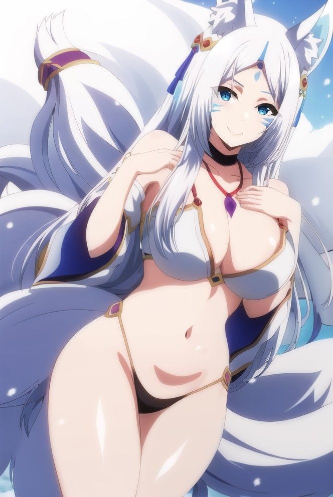 ai generated, animal ear fluff, animal ears, bra, cyan eyes, female, fox, fox ears, fox girl, fox tail, kage no jitsuryokusha ni naritakute!, kemonomimi, panties, the eminence in shadow, white hair, yukime (the eminence in shadow)