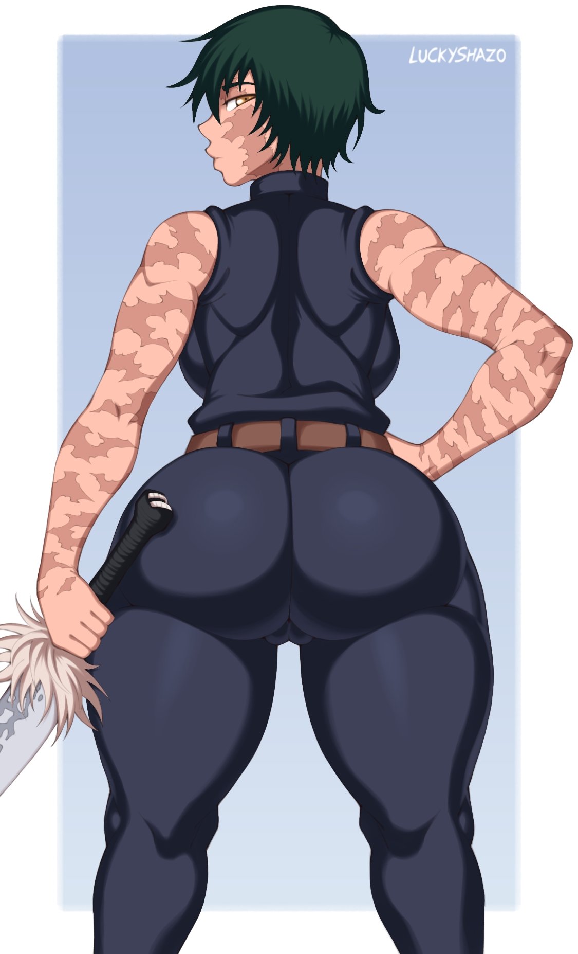 1girls, ass, athletic, athletic female, black hair, booty shorts, breasts, bubble ass, bubble butt, female, female focus, female only, glasses, green hair, green-haired female, huge ass, jujutsu kaisen, large breasts, luckyshazo, scar, short hair, short shorts, shorts, solo, solo female, solo focus, sports bra, sportswear, sweat, sweaty body, tomboy, very short hair, zenin maki