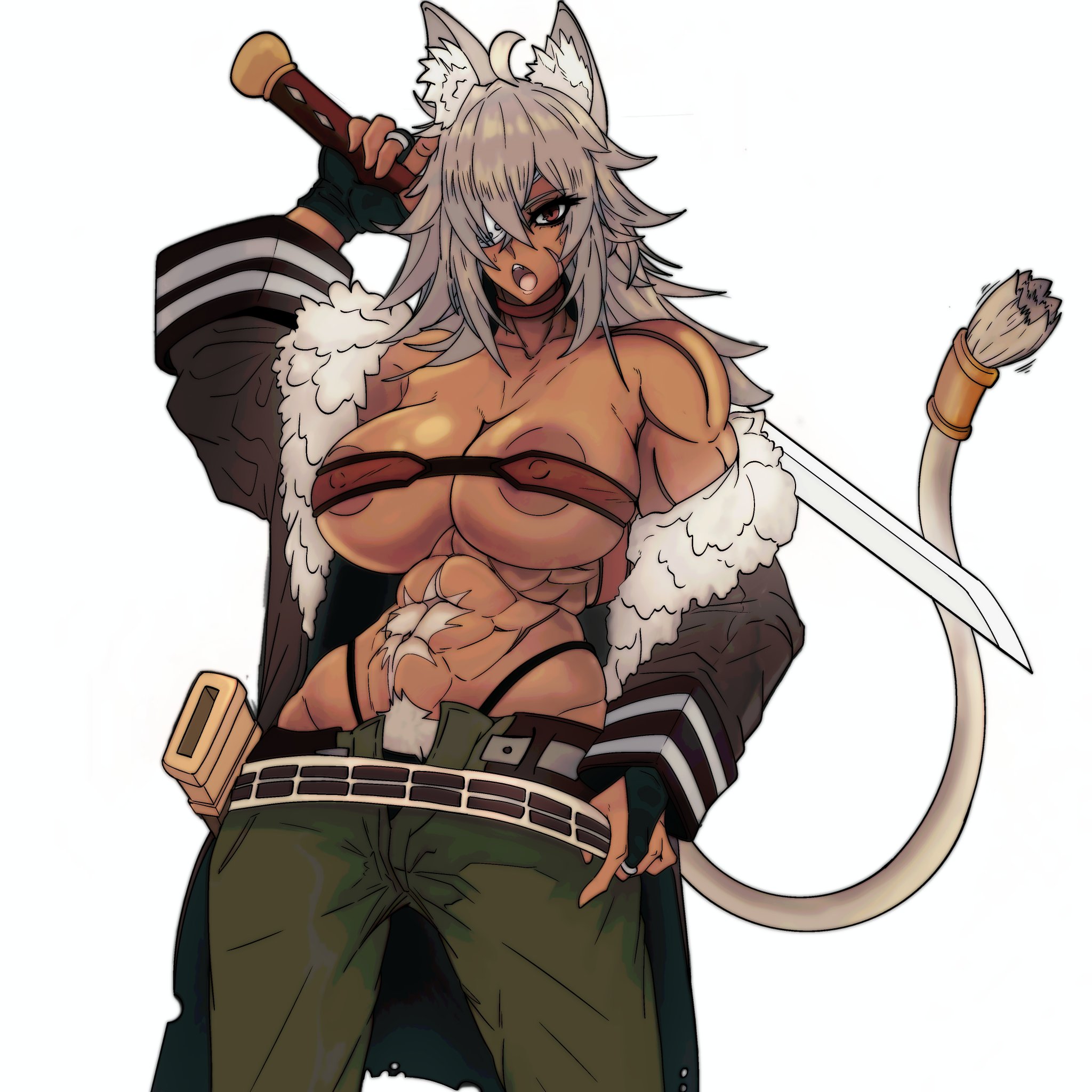 1girls, abs, areola slip, big breasts, bikini top, breasts, cat ears, cat girl, cat tail, catgirl, dark skin, dark-skinned female, female, female only, ghislaine dedoldia, gloves, mouth open, muscles, muscular, muscular female, mushoku tensei, nekomimi, open mouth, pubic hair, pubic hair peek, scar, sword, tail, weapon, white background