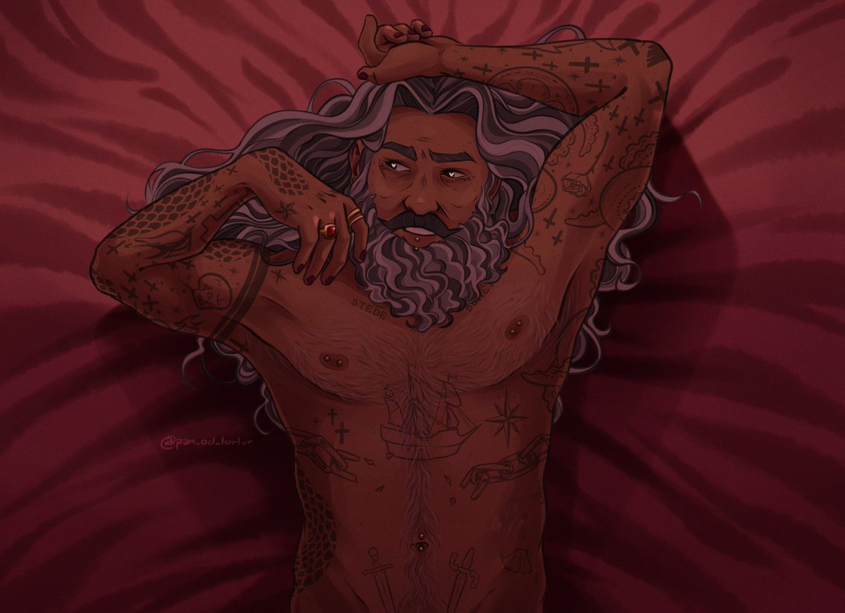 1boy 1male bara barazoku beard blackbeard edward_teach hairy_chest lip_piercing lying_on_bed male_only nipple_piercing no_visible_genitalia our_flag_means_death pan_od_tortur rings salt_and_pepper_hair seductive_look seductive_pose seductive_smile solo solo_focus tattoos