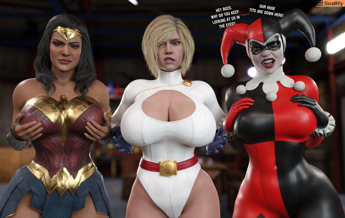 3d 3girls annoyed_expression batman:_arkham_knight batman_(series) big_breasts blue_eyes bodysuit boots breasts busty cleavage curvy curvy_figure dc dc_comics diana_prince digital_media_(artwork) eyebrows eyelashes eyes female female_only fully_clothed harley_quinn harley_quinn_(classic) harley_quinn_(injustice) heroine hourglass_figure injustice_2 kara_zor-el karen_starr knee_boots large_breasts legs leotard light-skinned_female light_skin lips looking_at_viewer multiple_girls my_tits_are_down_here netherrealm_studios power_girl power_girl_(injustice) slim_waist smitty34 speech_bubble superheroine text villain villainess wide_hips wonder_woman wonder_woman_(injustice) wonder_woman_(series)