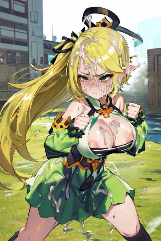 ai_generated angry areola_slip bangs bare_shoulders black_ribbon blush breasts building bukkake cleavage cleavage_cutout clenched_hands closed_mouth covered_nipples cum cum_on_body cum_on_breasts cum_on_clothes cum_on_hair cumdrip day detached_sleeves dress elf elsword facial female fighting_stance frown furrowed_brow glaring green_dress green_eyes green_hair green_skirt green_sleeves hair_ribbon jewelry kneehighs large_breasts long_hair nipple_slip nipples outdoors pointy_ears ponytail rena_(elsword) rena_erindel ribbon side_ponytail skirt solo stable_diffusion standing sweat thighhighs very_long_hair wind_sneaker_(elsword)