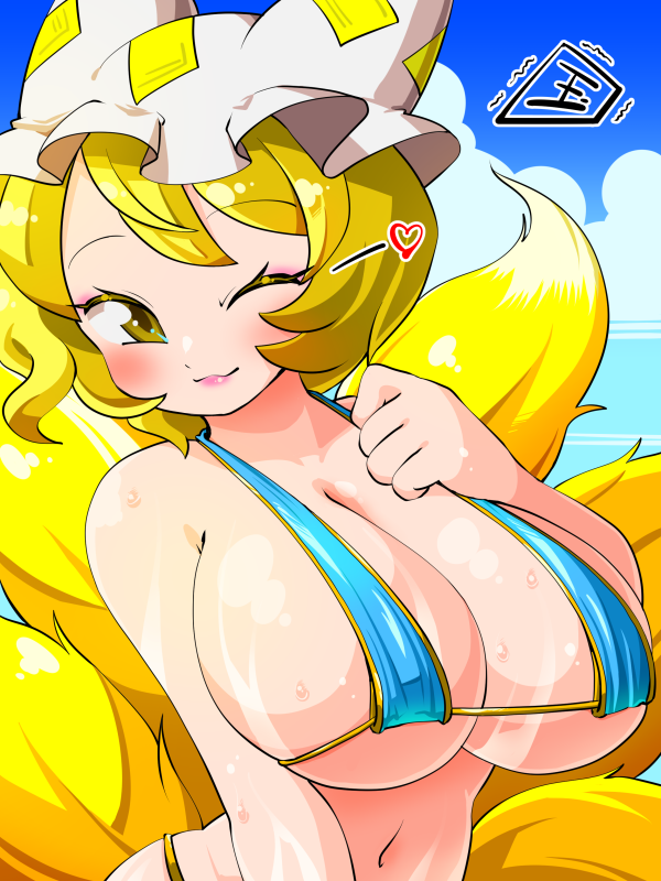 beach big_breasts blonde_hair breasts heart imijikumo36 looking_at_viewer nine_tailed_fox ran_yakumo sweat tail touhou wink yakumo_ran