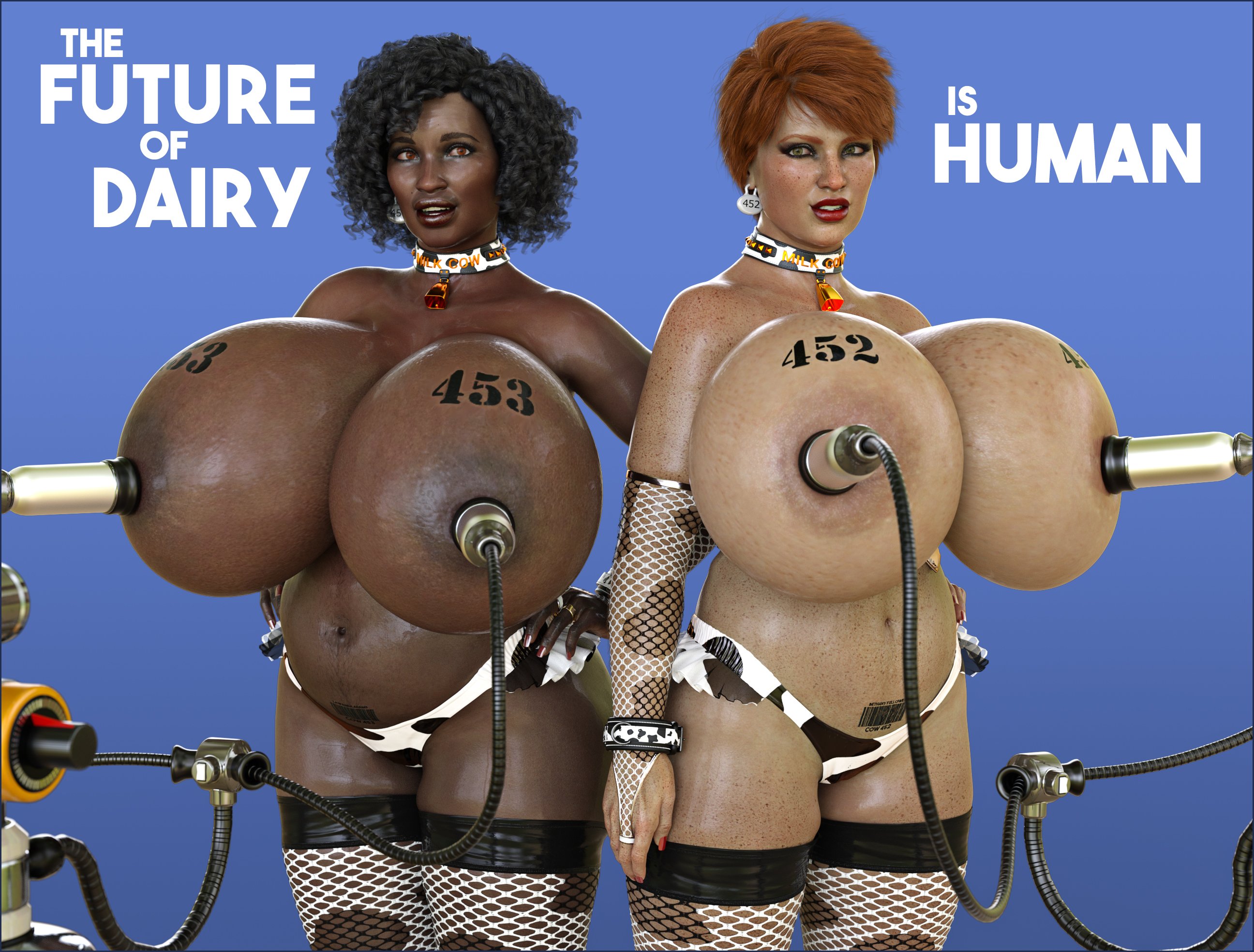 2girls, 3d, 3d (artwork), barcode, belly, big breasts, breasts, collar, cow print, dark skin, dark-skinned female, disproportional, female, hucow, huge breasts, hyper breasts, image, mark volk, milking machine, original, original characters, pregnant, red hair, short hair