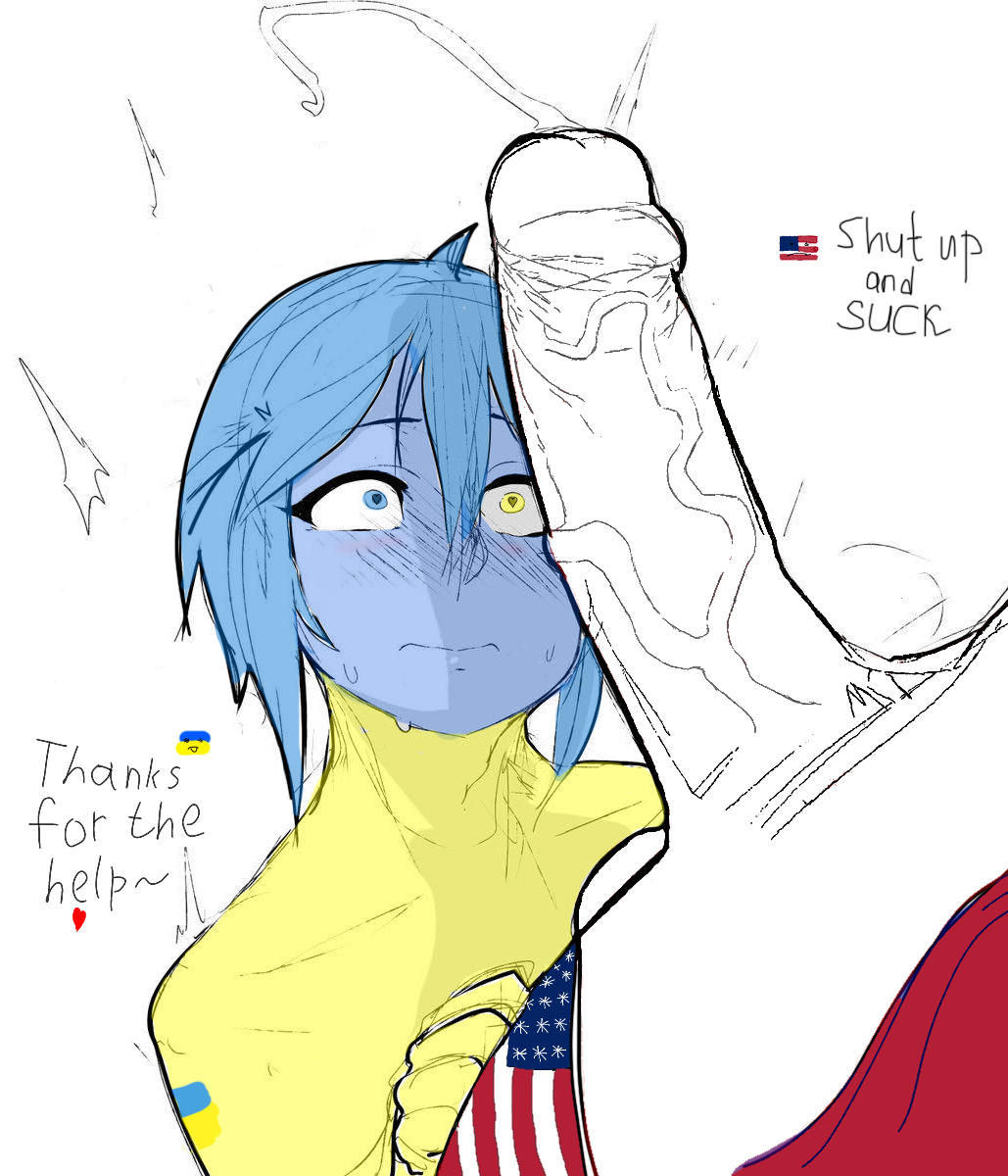 1boy 1girls america big_penis blush countryhumans countryhumans_girl edit female kneeling looking_at_penis text ukraine ukraine_(countryhumans) united_states_of_america_(countryhumans)