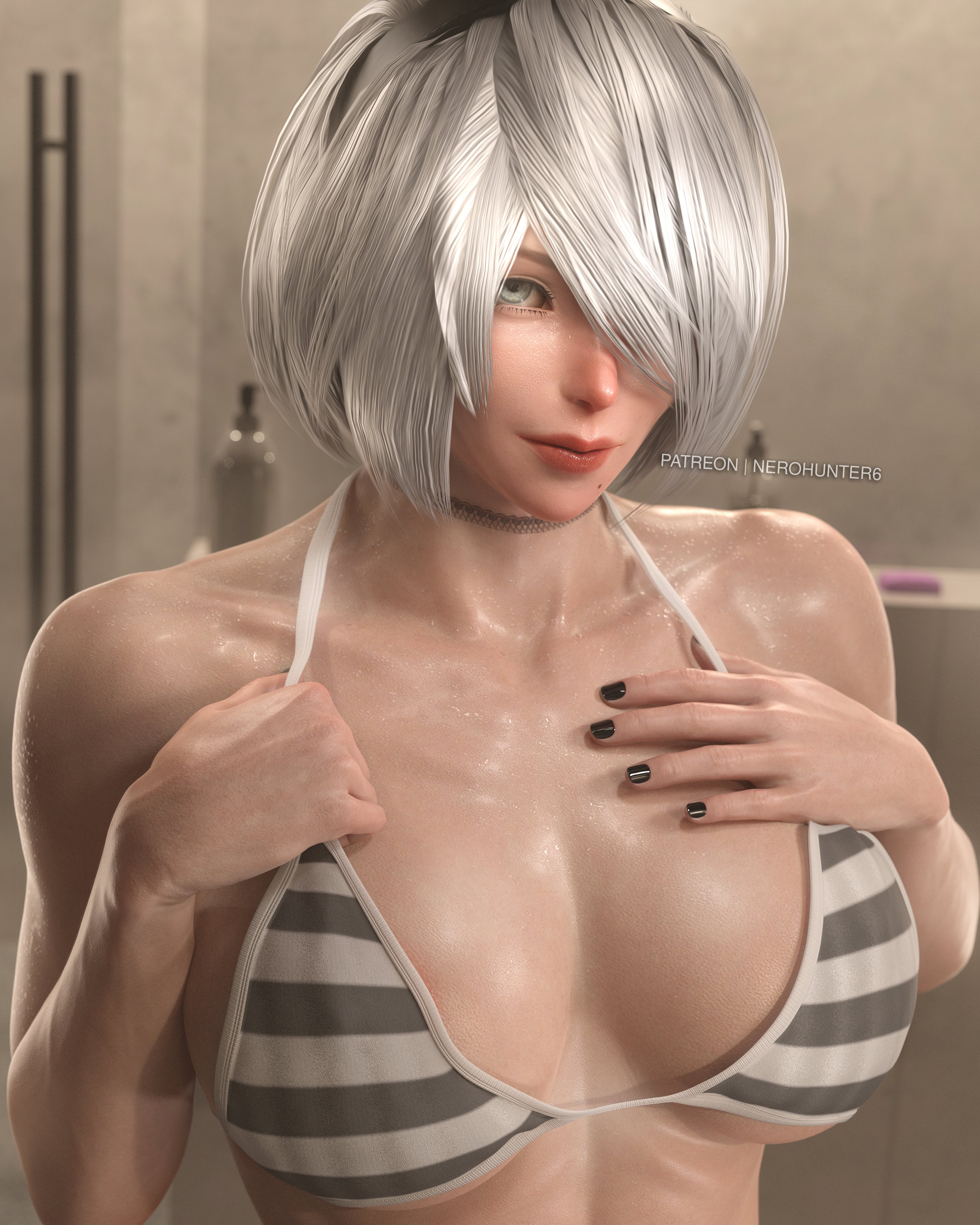 1girls, 3d, abs, ass, big ass, big breasts, bikini top, breasts, female, female only, image, large breasts, looking at viewer, looking back, nerohunter6, nier, nier (series), nier: automata, short hair, solo, solo female, thick thighs, white hair, yorha 2b