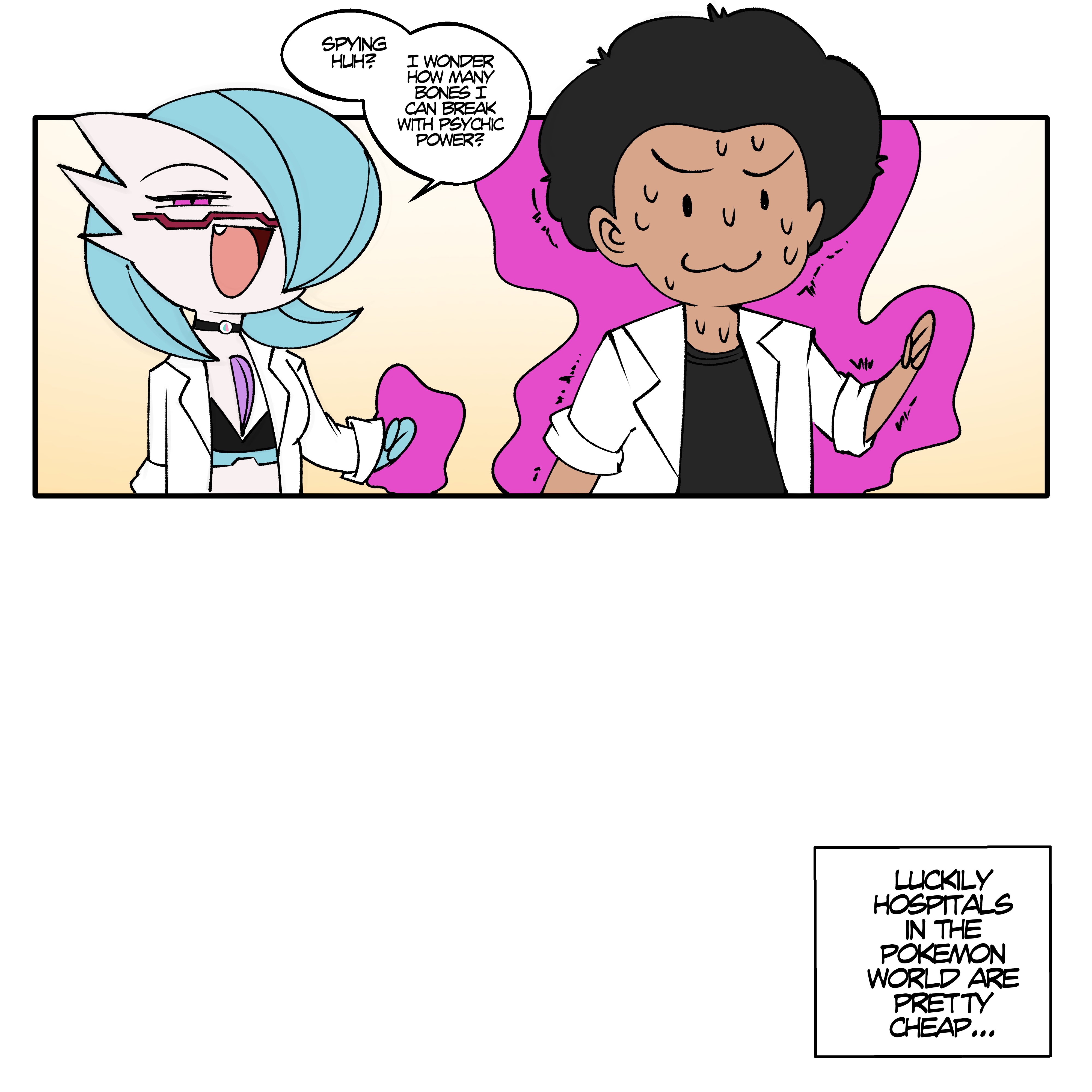 1girls, anthro, blue hair, comic, comic page, commission, dialogue, doctor xodium, dr. voir, english text, female, female gardevoir, female pokemon, gardevoir, generation 3 pokemon, glasses, hi res, interspecies, nintendo, pokémon (species), pokemon, pokemon (species), pokephilia, saltyxodium, shiny gardevoir, shiny pokemon, white body