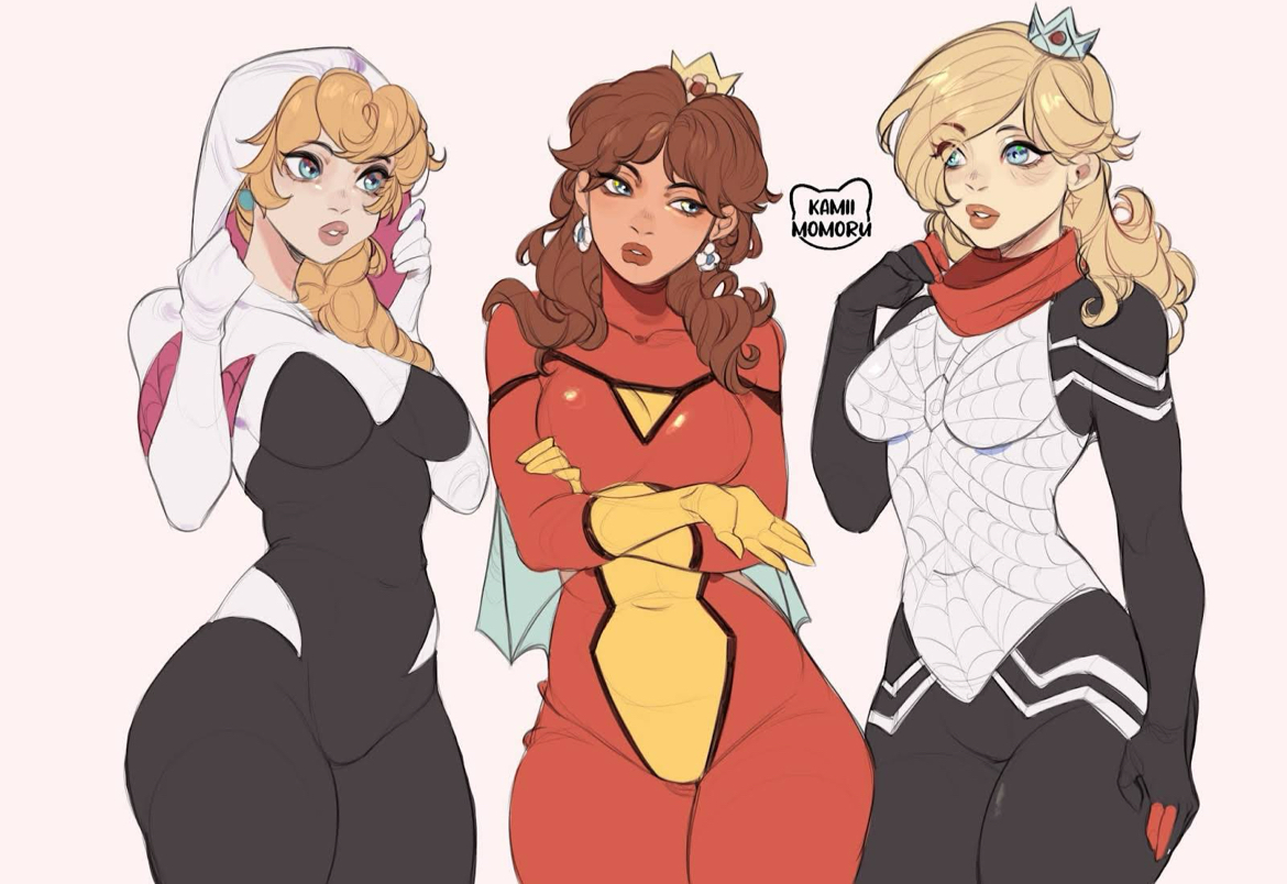 ass, big ass, blonde hair, breasts, brown hair, cosplay, female, gwen stacy (cosplay), kamii momoru, mario (series), marvel, marvel comics, princess daisy, princess peach, princess rosalina, silk (cosplay), spider-woman (cosplay)