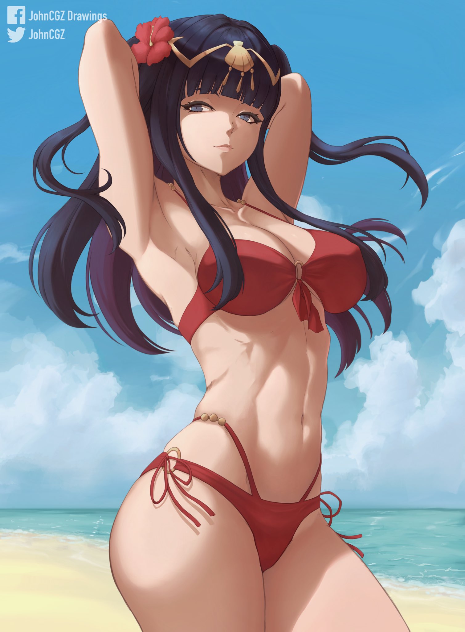 1girls alternate_costume arms_up artist_name beach bikini black_hair blunt_bangs breasts cleavage english_commentary female female_only fire_emblem fire_emblem_awakening fire_emblem_heroes flower grey_eyes hair_flower hair_ornament highres johncgz large_breasts light-skinned_female light_skin looking_at_viewer navel nintendo o-ring o-ring_bikini official_alternate_costume red_bikini red_swimsuit sand solo standing swimsuit tharja_(fire_emblem) tharja_(summer)_(fire_emblem) watermark