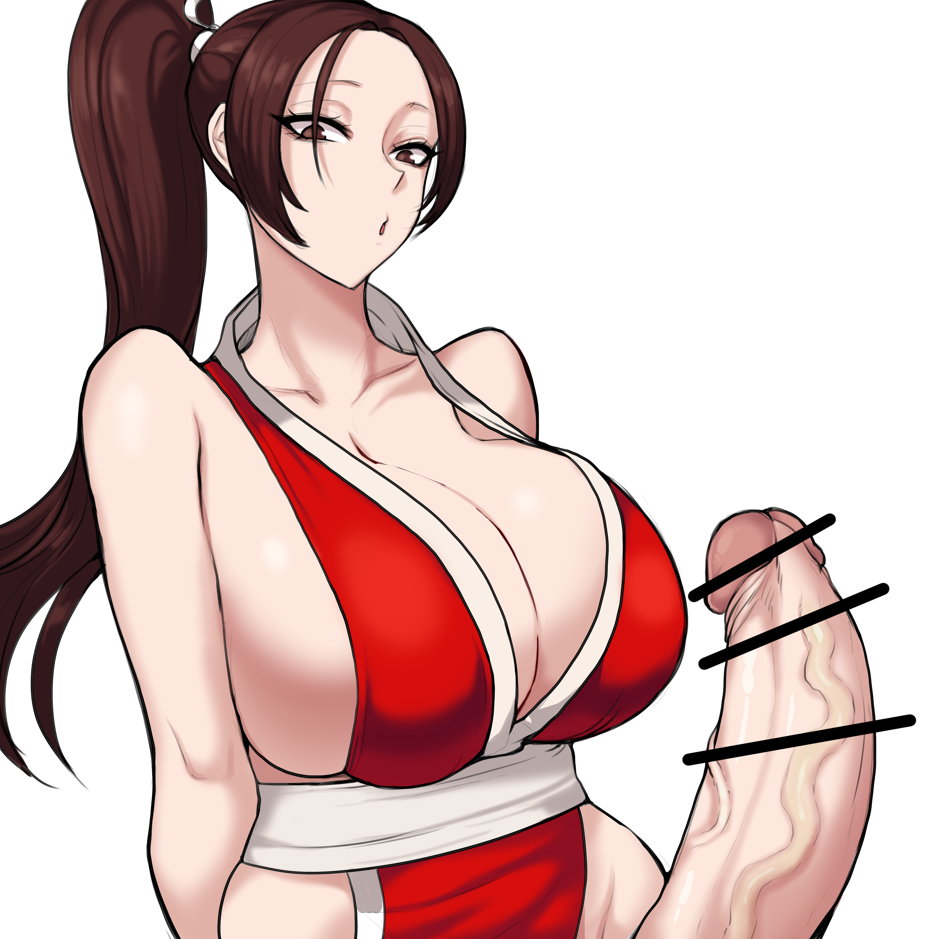 1futa, big breasts, big penis, breasts, brown eyes, brown hair, censored, clothed, clothing, dickgirl, erect penis, erection, fatal fury, futa only, futanari, huge breasts, huge cock, human, intersex, king of fighters, large penis, light skin, light-skinned futa, long hair, long penis, mai shiranui, pale skin, pale-skinned futa, partially clothed, penis, solo, standing, tiger drop, veiny penis