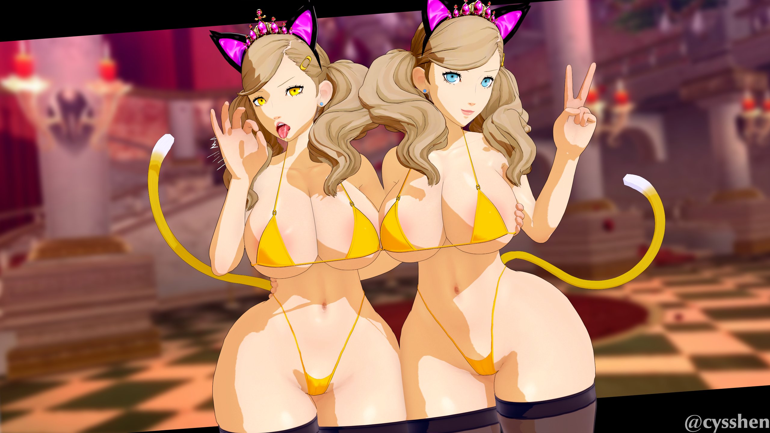 2girls, 3d, ann takamaki, areola slip, bikini, blonde hair, blowjob gesture, breasts, cat ears, cat tail, cognitive ann, cyshen, fellatio gesture, female, female only, huge breasts, persona, persona 5, persona 5 royal, tagme, wide hips