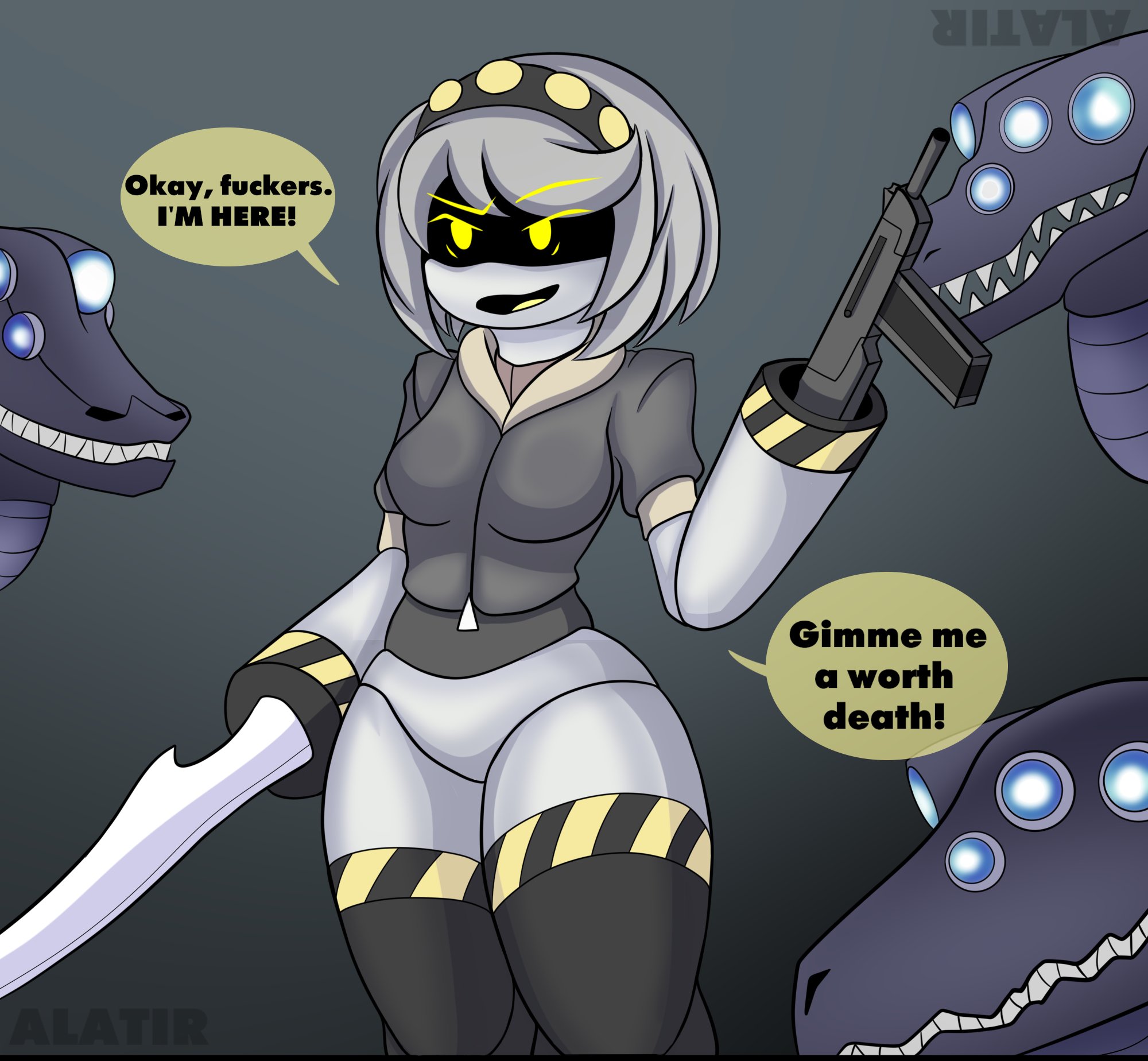 1girls, alatir, bestiality, comic, comic panel, dialogue, dinosaur, disassembly drone, female, gangbang, glitch productions, group sex, imminent bestiality, imminent sex, mating press, murder drones, rape, robot, robot girl, robot humanoid, sentinel (murder drones), sex, v (murder drones), zoophilia
