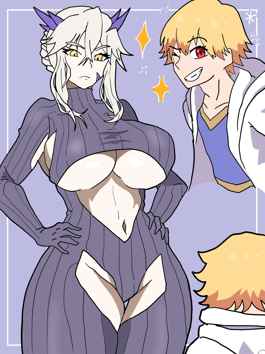 artoria_pendragon artoria_pendragon_(lancer) artoria_pendragon_(lancer_alter) blonde_hair fate/grand_order fate_(series) gilgamesh gilgamesh_(fate) hoodie horns male mr.z red_eyes size_difference smaller_male smiling sparkles striped_legwear taller_girl winking yellow_eyes