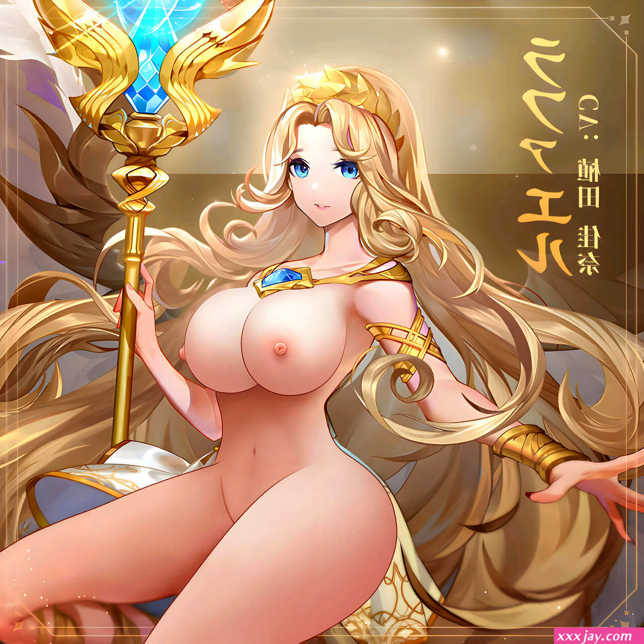 areolae, big breasts, blonde hair, blue eyes, breasts, female, huge breasts, light skin, long hair, looking at viewer, mobile legends, mobile legends: adventure, nipples, nude, rafaela (mobile legends), solo