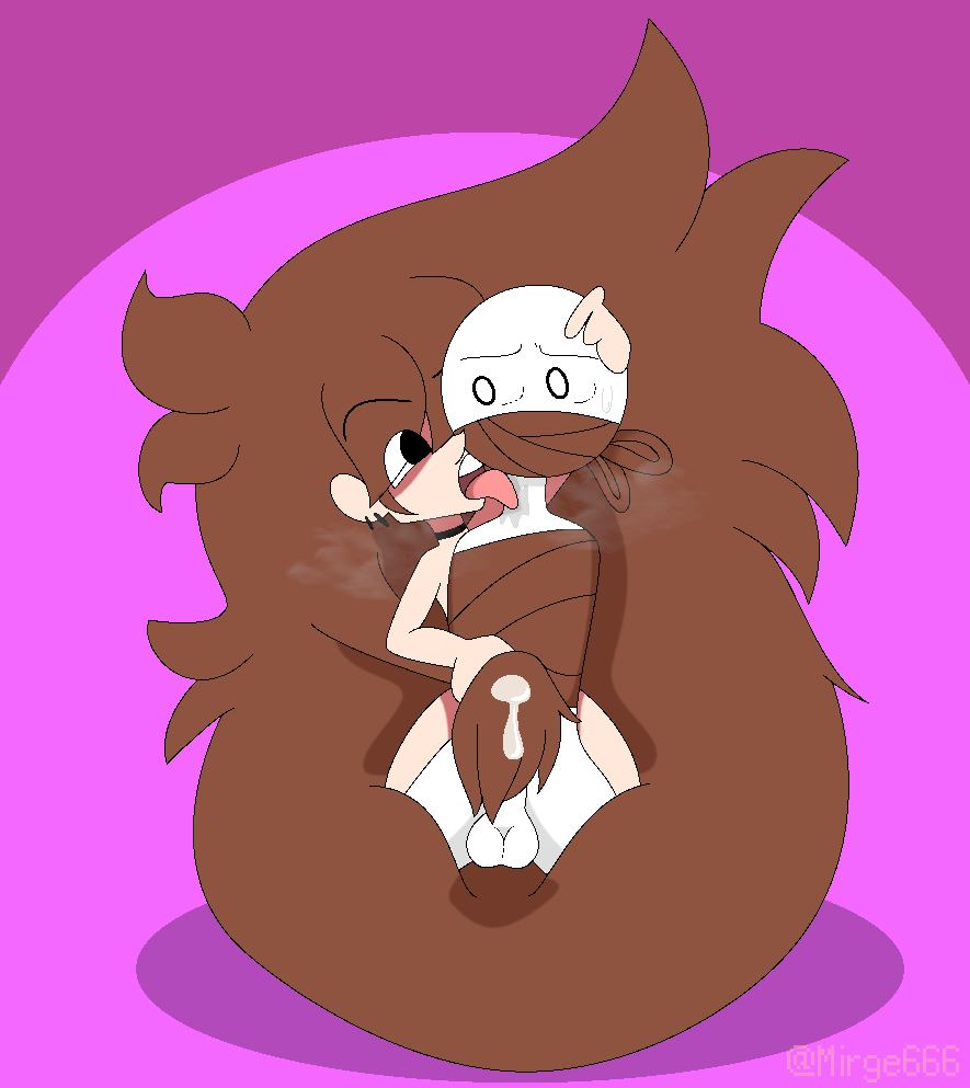 anon big_hair blush brown_hair hair_harpoon hair_on_penis hairjob licking licking_neck mirge666 nonconsensual pink_background precum scared_expression shgurr standing tied_up tied_up_male youtube