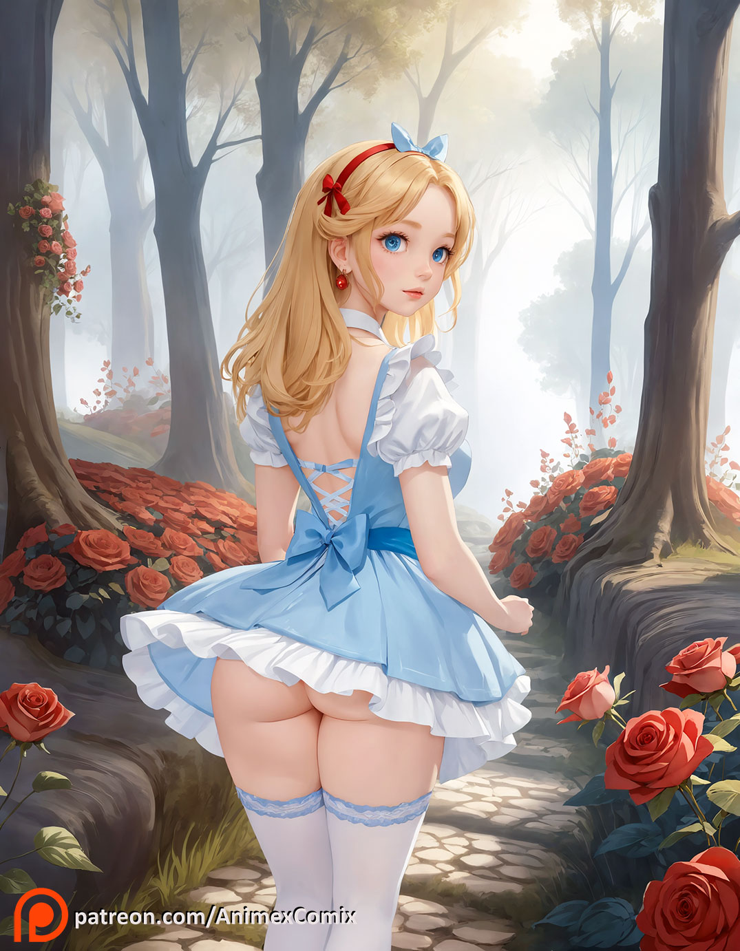 ai generated, alice in wonderland, alice liddell, animexcomix, ass, behind view, blonde hair, female, minidress