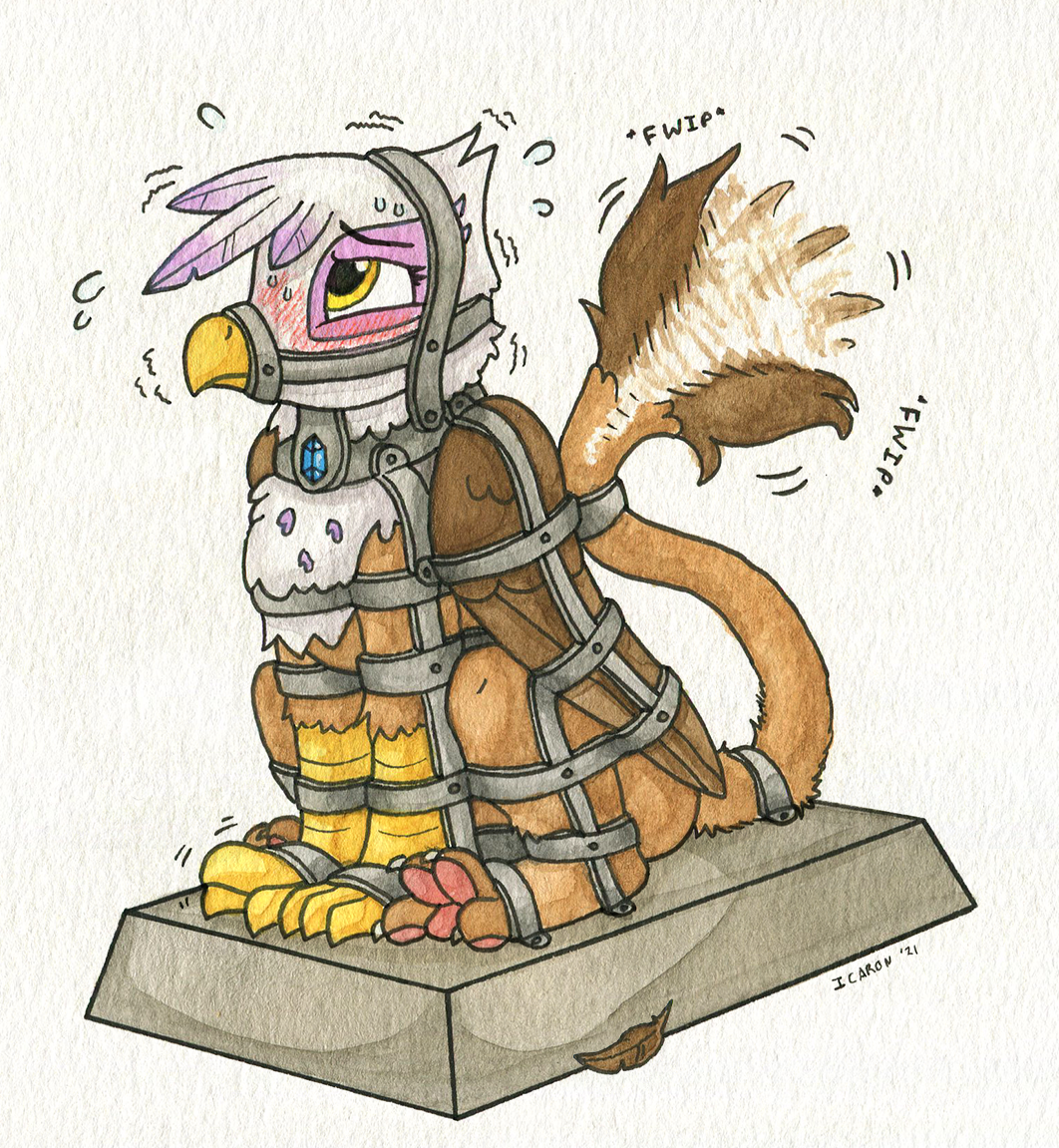 2021 anthro avian beak blush bodily_fluids bound brown_body brown_feathers brown_tail_tuft brown_wings collar cuff_(restraint) edging falling_feathers feathered_wings feathers female feral friendship_is_magic fully_bound fully_restrained fwip gibbet gilda_(mlp) gryphon hasbro icaron jewel_collar long_tail loose_feather metal_collar metal_cuffs my_little_pony mythological_avian mythology panicking pawpads penetration permanent_bondage permanent_orgasm_denial pink_pawpads plinth purple_body purple_feathers restraints rock simple_background solo speckled sweat sweatdrop tail tail_motion tailwag talon_hands white_body white_feathers wings yellow_eyes