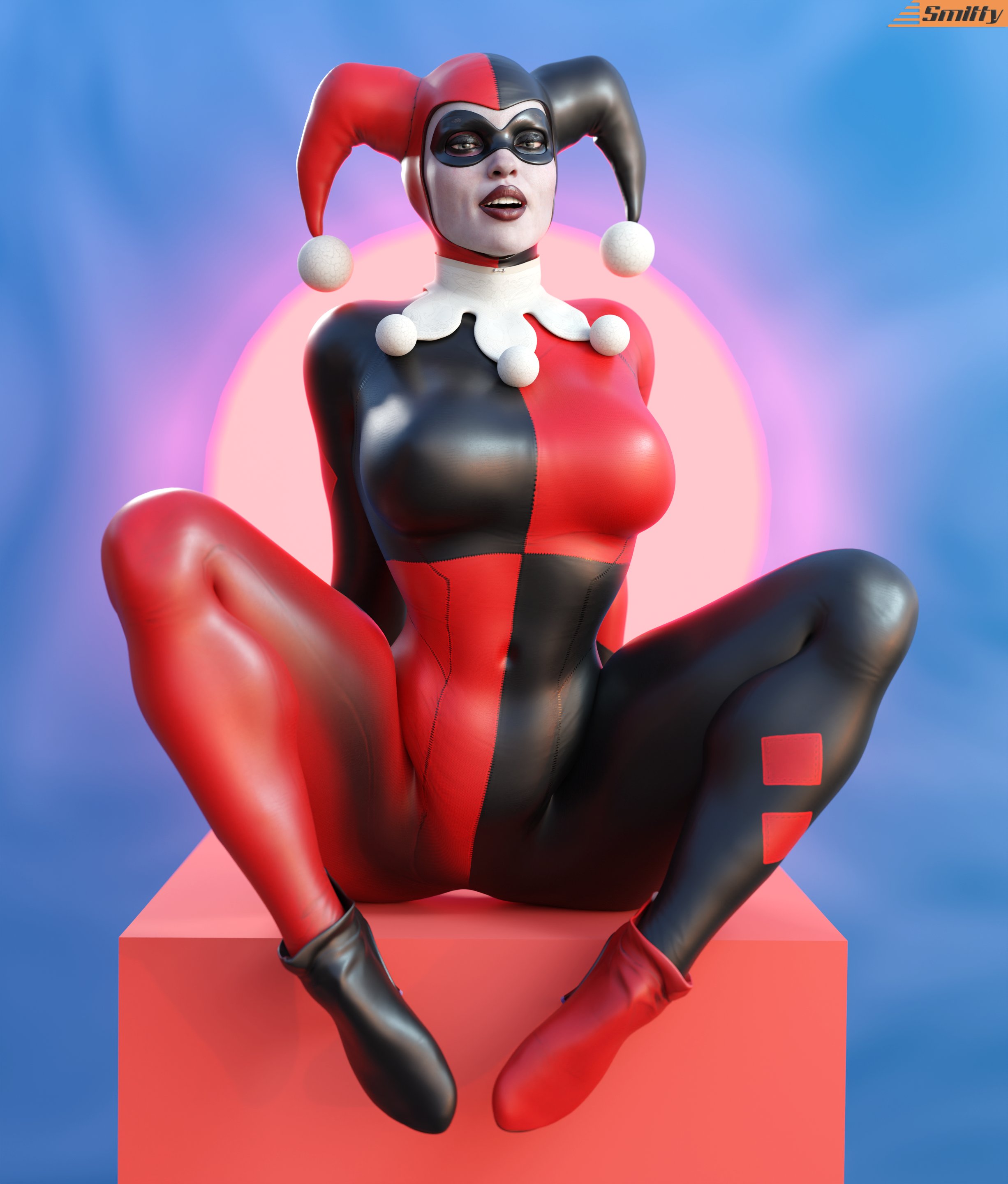 3d, 3d (artwork), ass, batman (series), batman: arkham knight, big ass, blender (software), breasts, bubble ass, bubble butt, clown, clown girl, dc, dc comics, female, harley quinn, harley quinn (classic), harley quinn (injustice), huge ass, image, injustice 2, jester, jester cap, jester costume, jester girl, jester hat, jester outfit, large ass, large breasts, light skin, light-skinned female, makeup, pale skin, pale-skinned female, smitty34, superheroine, tagme, thick thighs, tight clothing, voluptuous, voluptuous female, wide hips