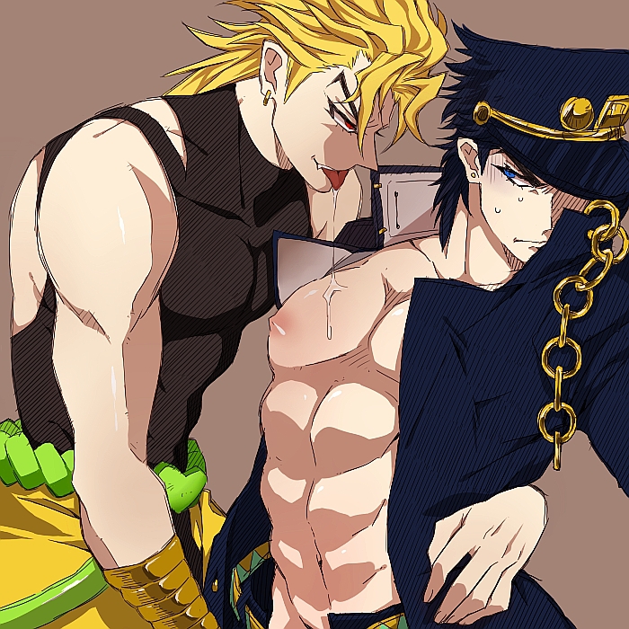 2boys dio_brando drooling gay implied_masturbation jojo's_bizarre_adventure jotaro_kujo male male/male male_only offscreen_masturbation saliva saliva_drip stardust_crusaders yaoi