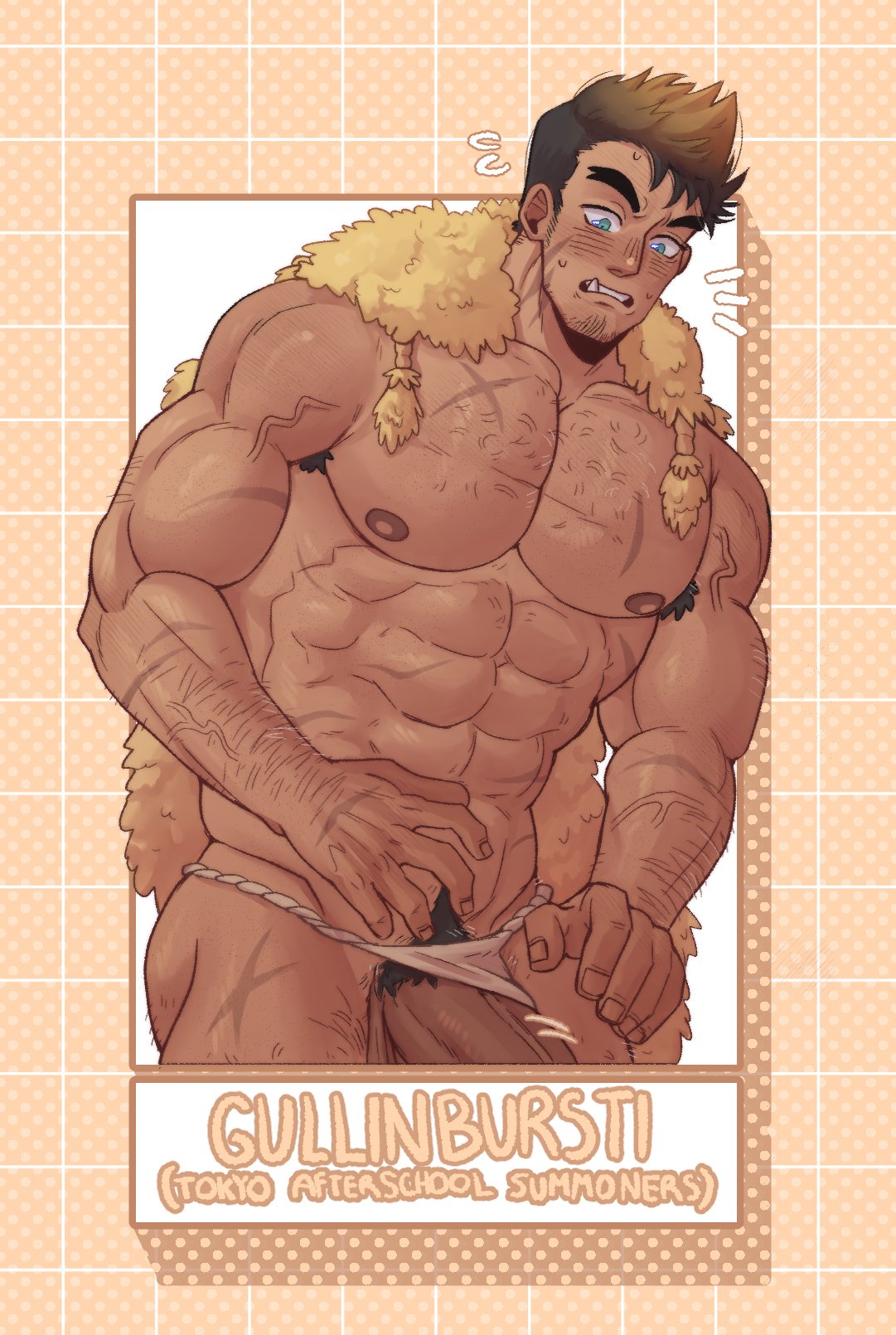 1boy balls bara big_penis blush gay gullinbursti_(tokyo_afterschool_summoners) ibraw_bara male male_only muscles muscular penis penis_out scars solo solo_male tokyo_afterschool_summoners