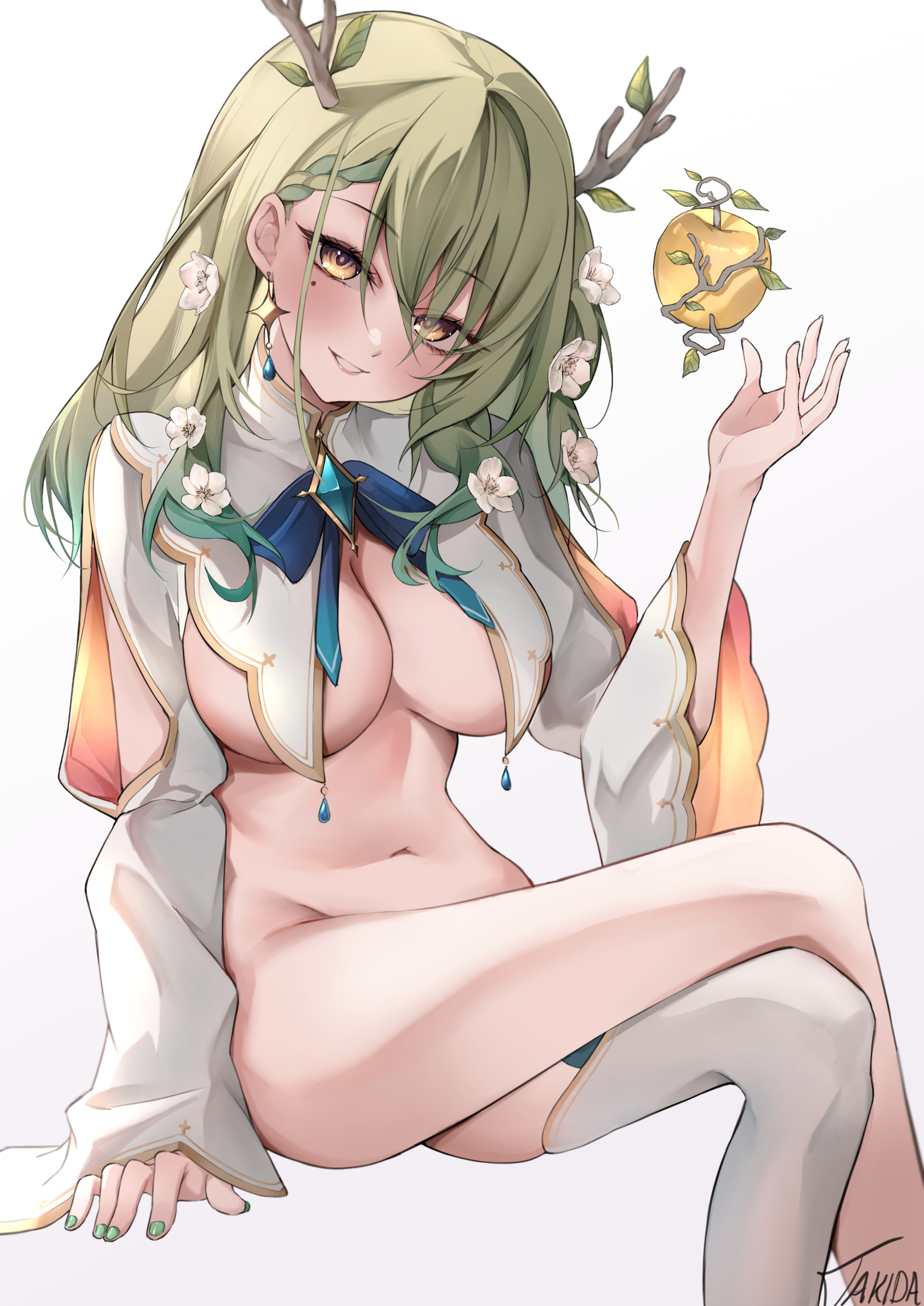 1girls, antlers, blush, breasts, ceres fauna, female, gradient hair, green hair, hair between eyes, hair flower, hololive, hololive english, hololive english -council-, hololive english -promise-, long hair, looking at viewer, mole, mole under eye, navel, smile, solo, takida 185, thighs, underboob, virtual youtuber, white background, yellow eyes