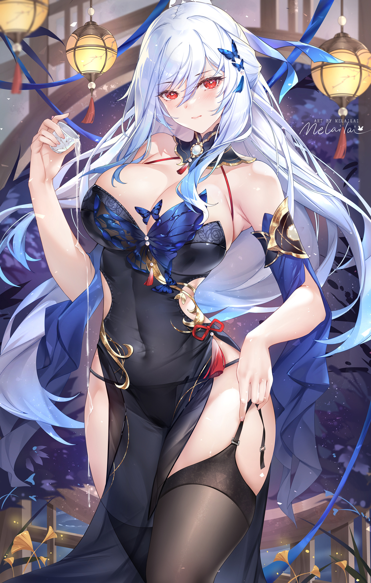 1girls, bare shoulders, black dress, black panties, black thighhighs, blush, breasts, butterfly hair ornament, cleavage, closed mouth, collarbone, covered navel, cup, detached collar, detached sleeves, dress, female, female only, gold trim, hair between eyes, hair ornament, highres, honkai (series), honkai: star rail, jingliu (honkai: star rail), large breasts, long hair, looking at viewer, melailai, panties, pelvic curtain, pouring, red eyes, see-through, see-through dress, sidelocks, solo, tassel, thighhighs, thighs, threesome, underwear, white hair, wide sleeves