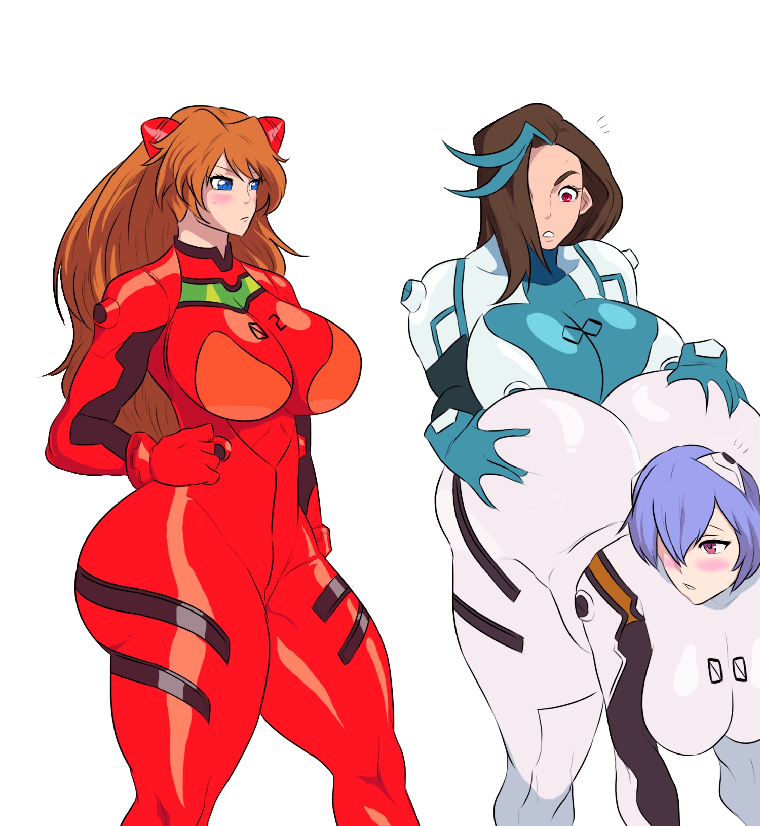 2015, 3girls, ass, asuka langley sohryu, big ass, blue eyes, bush, fat ass, female, female only, huge ass, jay-marvel, long hair, neon genesis evangelion, oc, orange hair, plugsuit, rei ayanami, short hair, thick thighs, white background