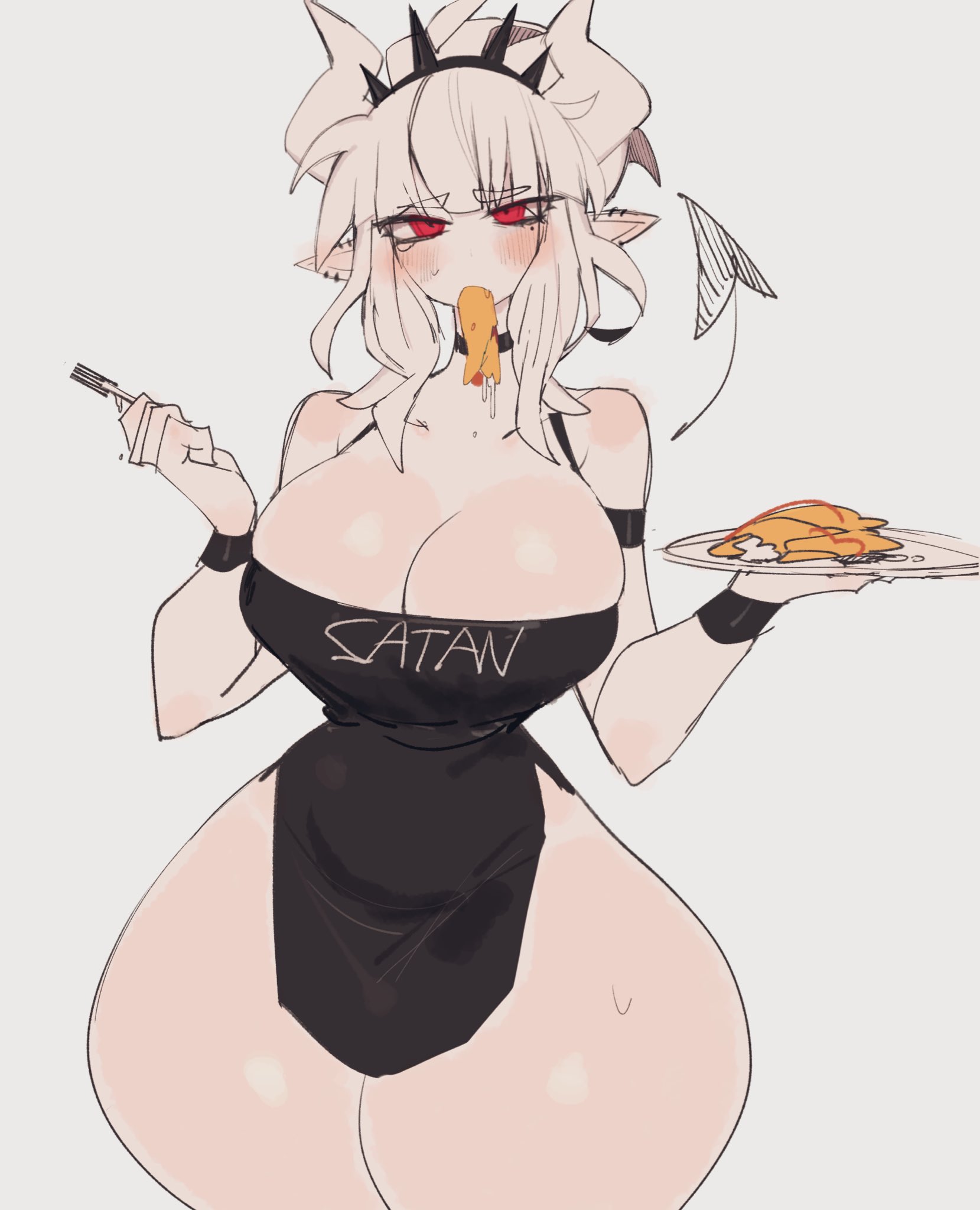 1girls, ass, big ass, big breasts, big thighs, blush, breasts, demon, demon girl, eating, female, food, gigantic ass, gigantic thighs, helltaker, holding food, holding object, horns, huge ass, huge breasts, huge thighs, large breasts, looking at viewer, lucifer (helltaker), naked apron, red eyes, short hair, solo, standing, tagme, thick hips, thick thighs, thighs, usa37107692, white hair