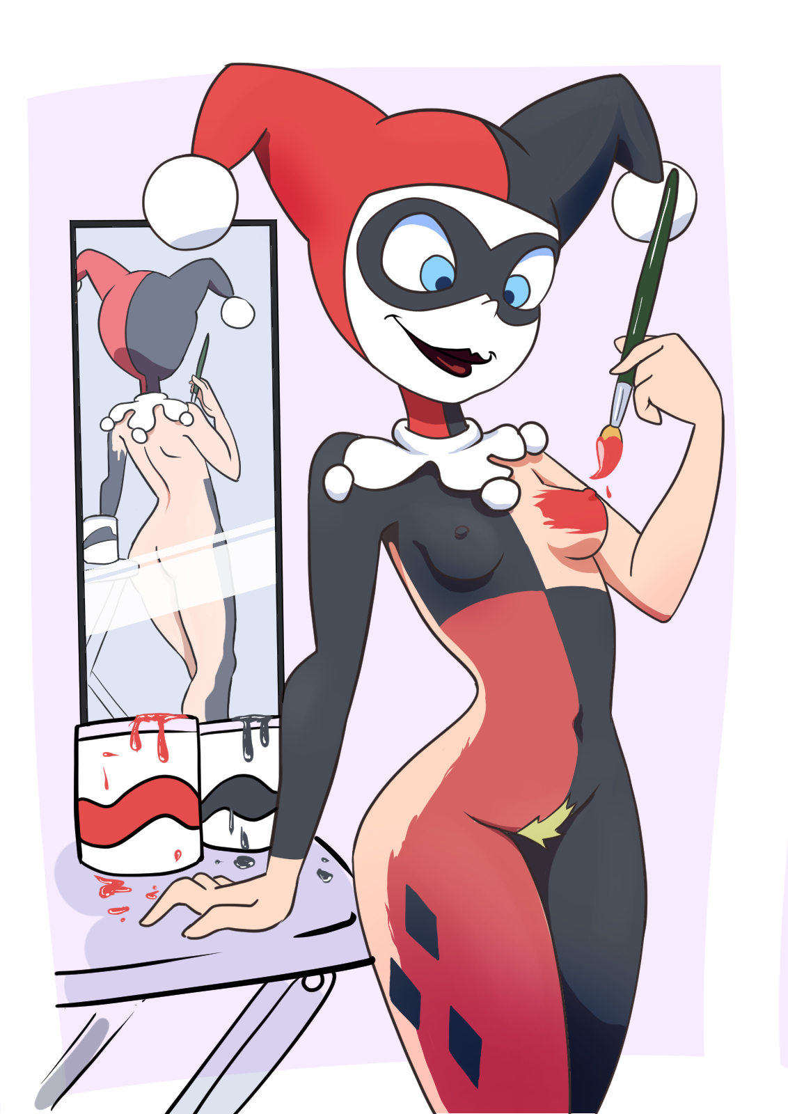 arumajiro, batman (series), bodypaint, breasts, dc, dc comics, female, harley quinn, harley quinn (classic), jester hat, mirror, nude, painted clothes, pubic hair, small breasts