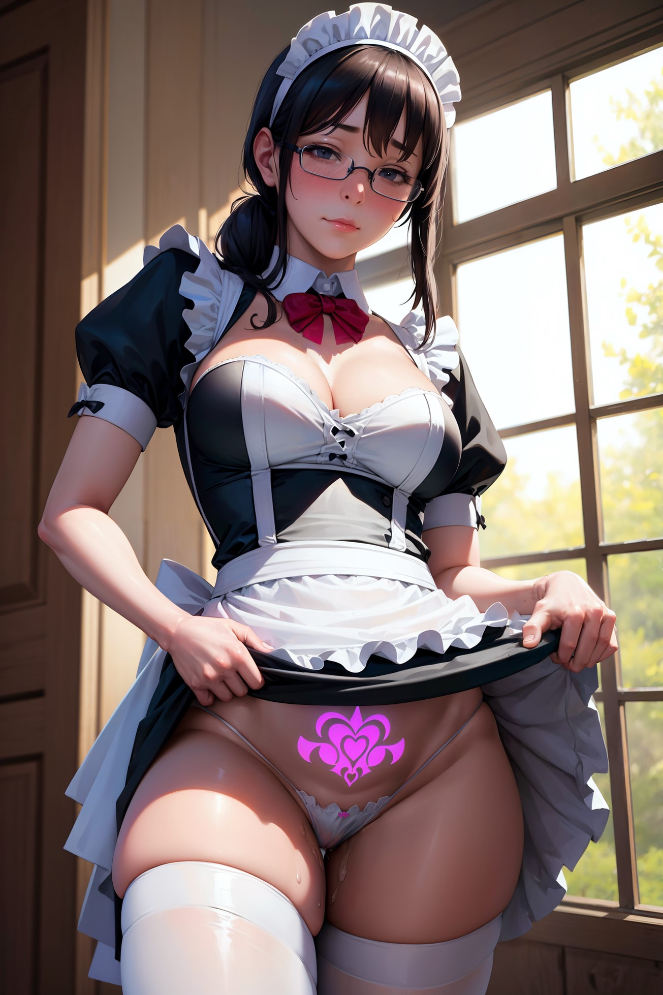 1girls, ai generated, detached collar, dripping, female, flashing panties, glasses, maid, melk, pubic tattoo, skirt lift, tattoo, thighhighs