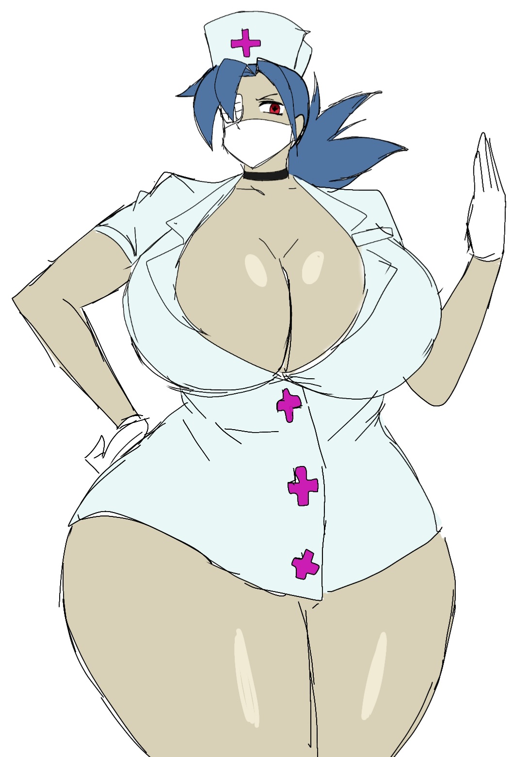 ass, big ass, big breasts, big thighs, blue hair, breasts, female, gigantic ass, gigantic breasts, gigantic thighs, huge ass, huge breasts, huge thighs, looking at viewer, momiji (artist), nurse, nurse cap, nurse uniform, ponytail, red eyes, skullgirls, tagme, thick hips, thick thighs, thighs, unbuttoned, valentine (skullgirls)