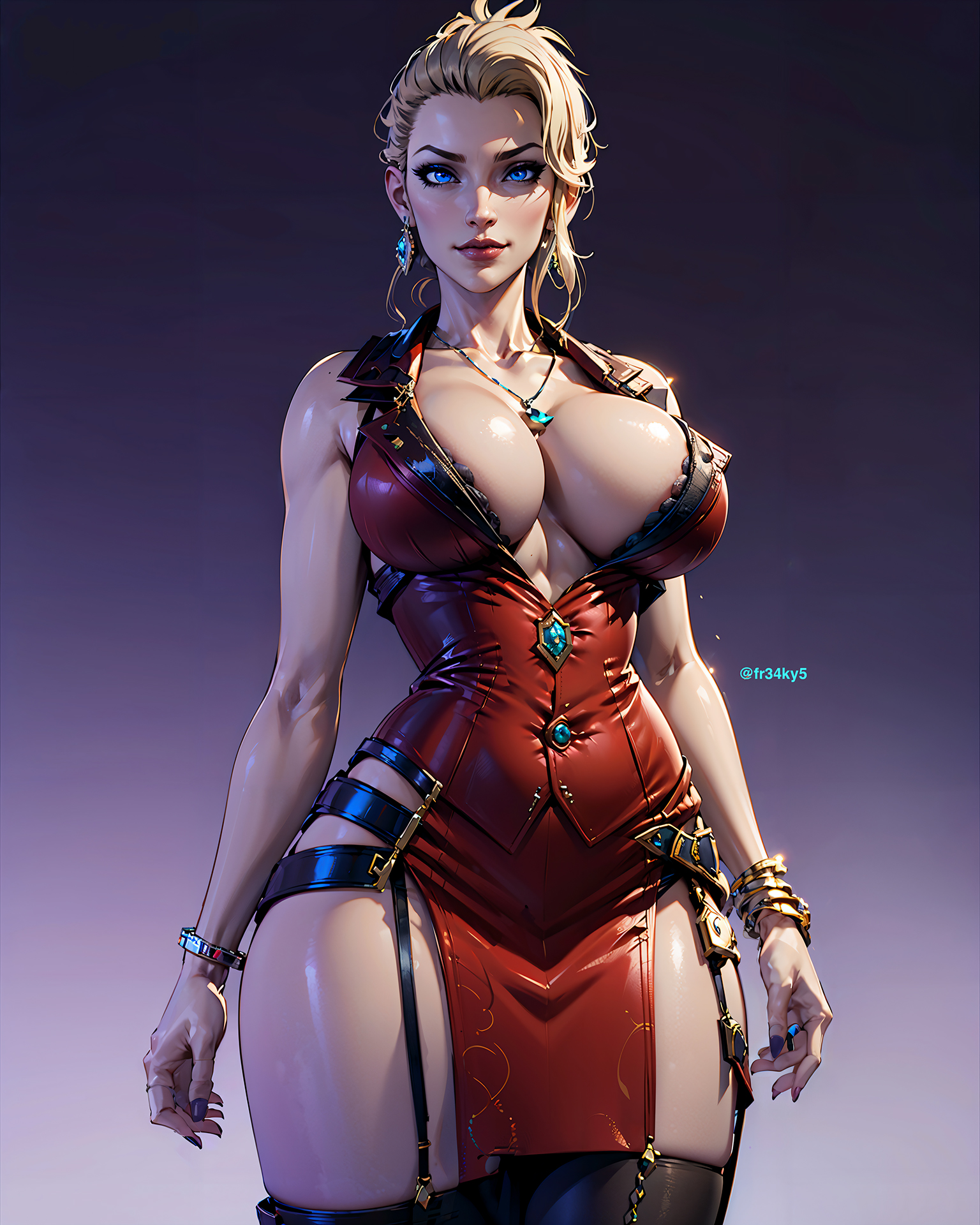 ai generated, big breasts, blonde hair, breasts, cleavage, dress, female, final fantasy, final fantasy vii, final fantasy vii remake, fr34ky, mature female, milf, scarlet (ffvii), thick thighs, wide hips